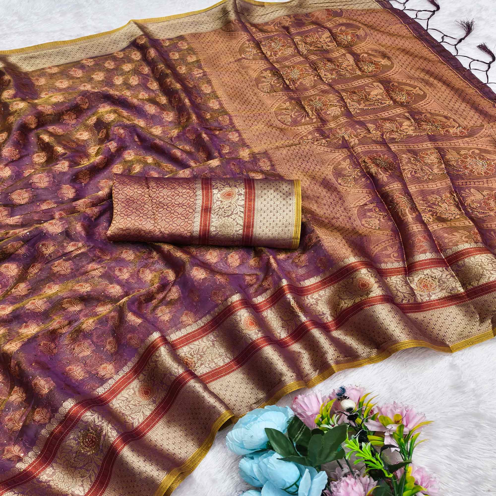 Stunning Purple Floral Weaving Banarasi Crushy Silk Saree With Stone Work & Tassel Pallu