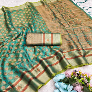 Stunning Turquoise Floral Weaving Banarasi Crushy Silk Saree With Stone Work & Tassel Pallu