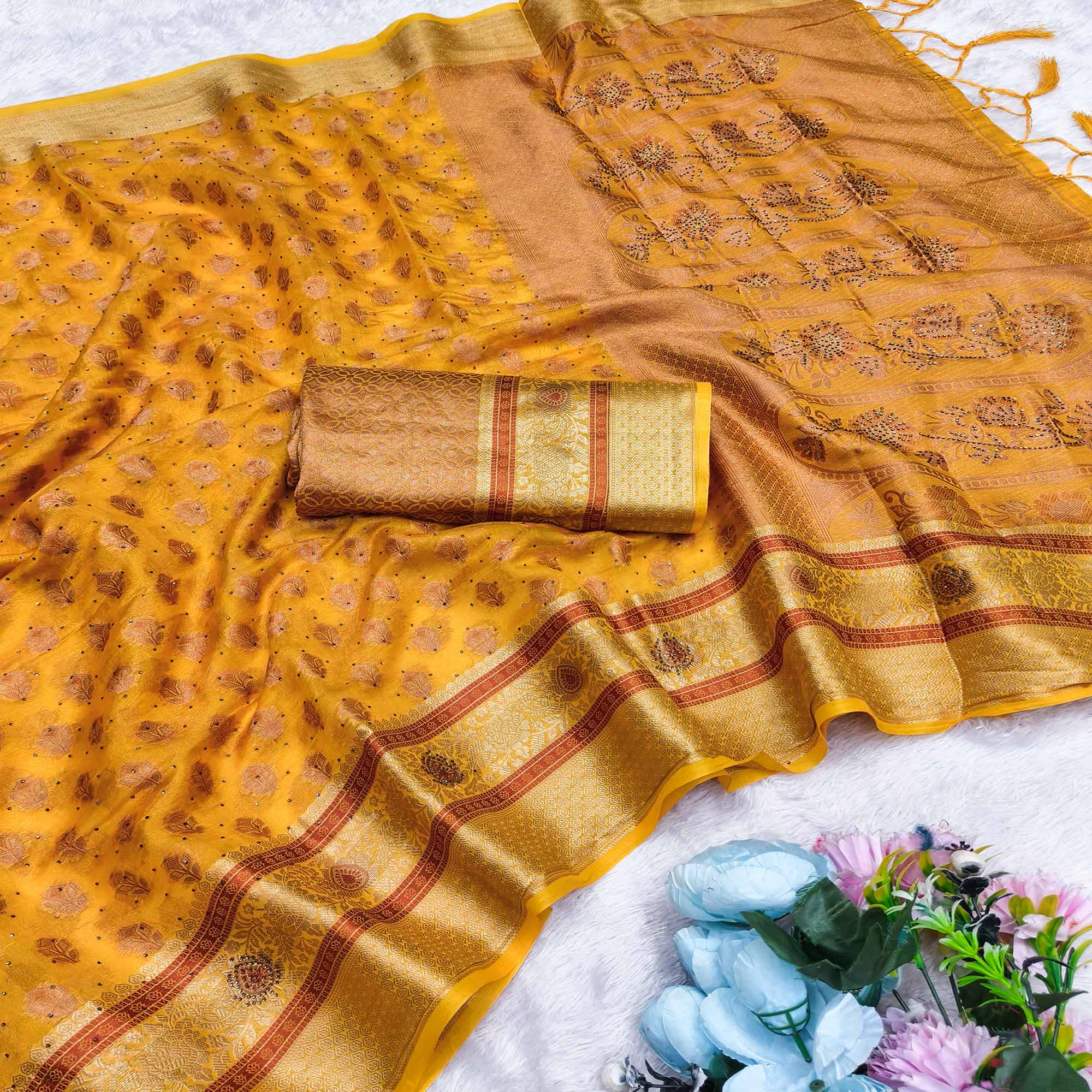 Stunning Yellow Floral Weaving Banarasi Crushy Silk Saree With Stone Work & Tassel Pallu