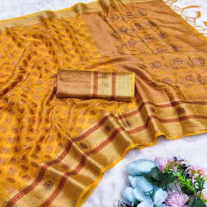 Stunning Yellow Floral Weaving Banarasi Crushy Silk Saree With Stone Work & Tassel Pallu