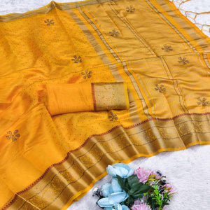 Exquisite Yellow Floral Weaving Banarasi Crushy Silk Saree With Sparkling Stone Work