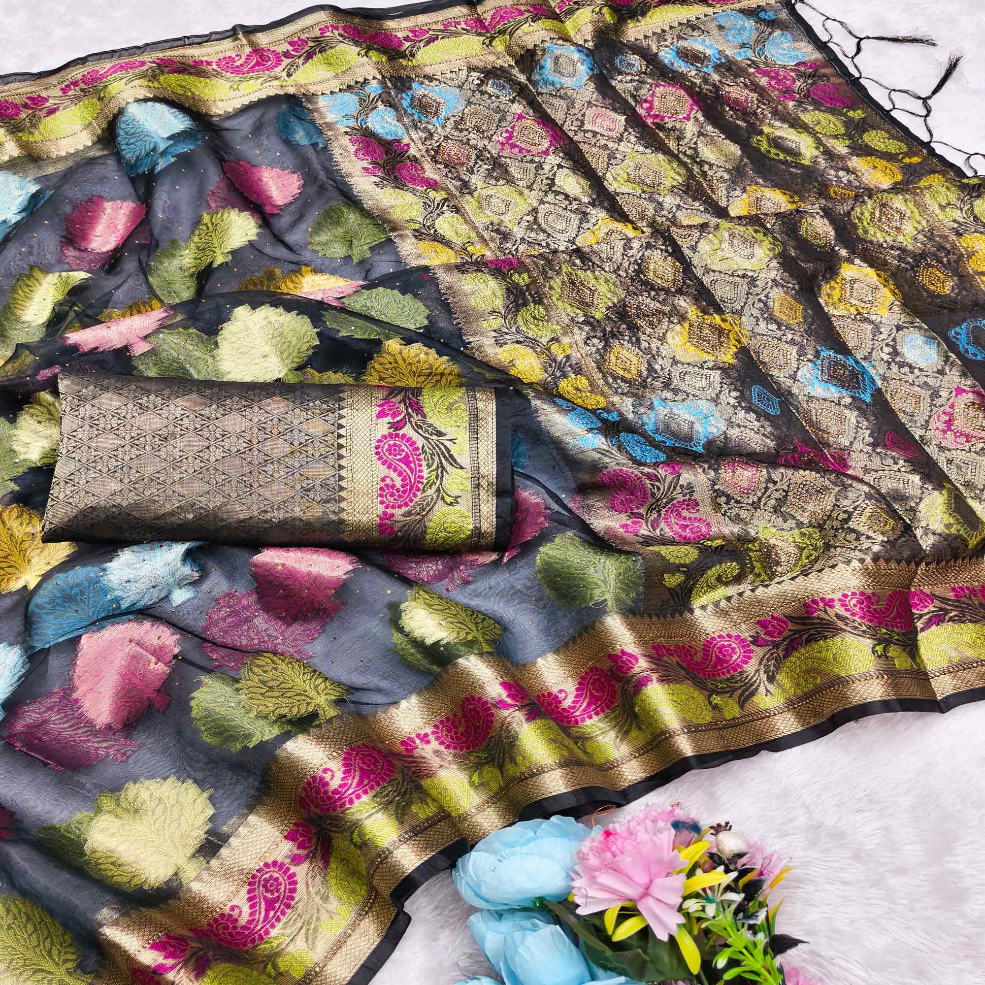 Graceful Blue Banarasi Silk Saree Enhanced With Tree Motif Zari Weaving & Stone Work