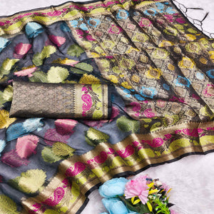 Graceful Blue Banarasi Silk Saree Enhanced With Tree Motif Zari Weaving & Stone Work