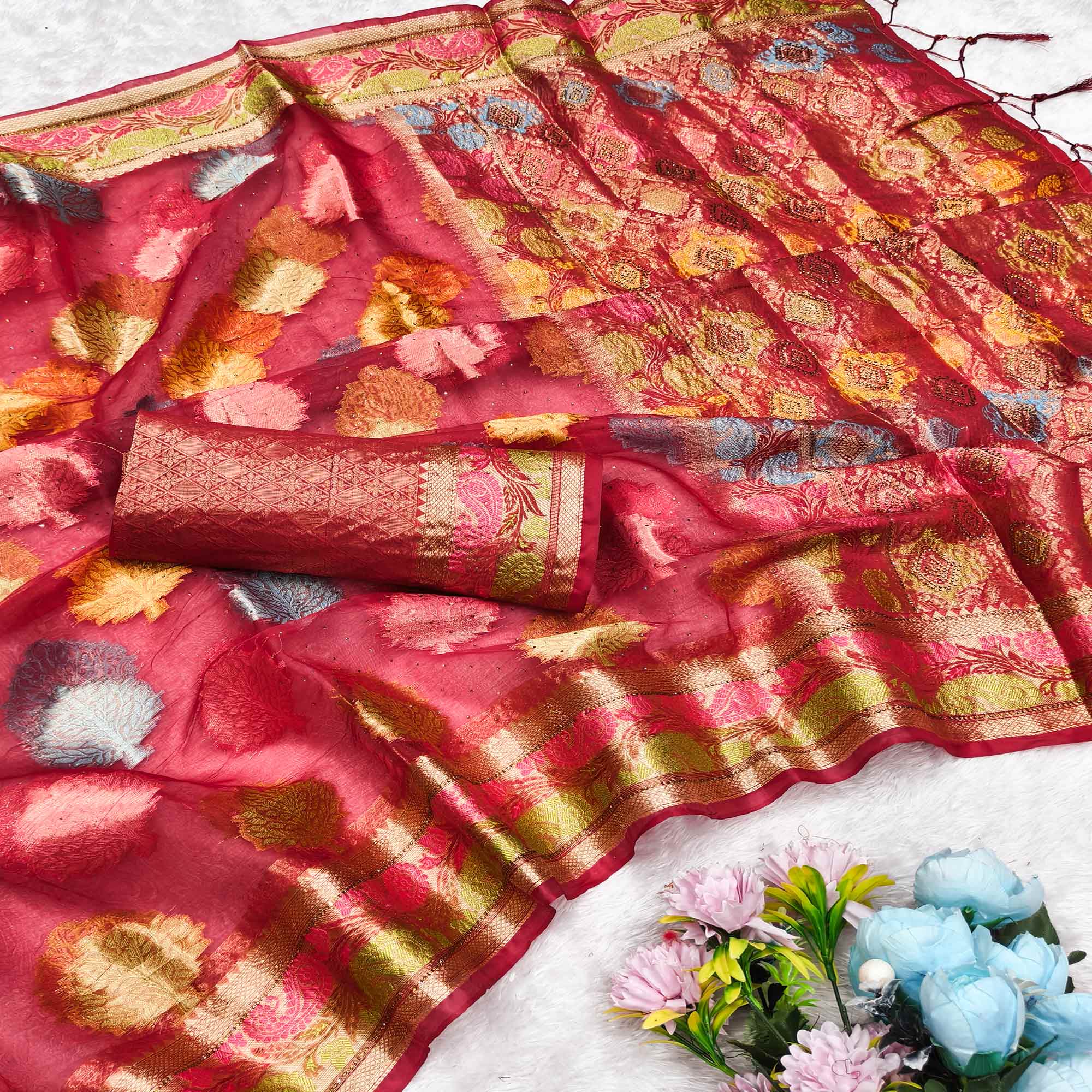 Graceful Cherry Red Banarasi Silk Saree Enhanced With Tree Motif Zari Weaving & Stone Work