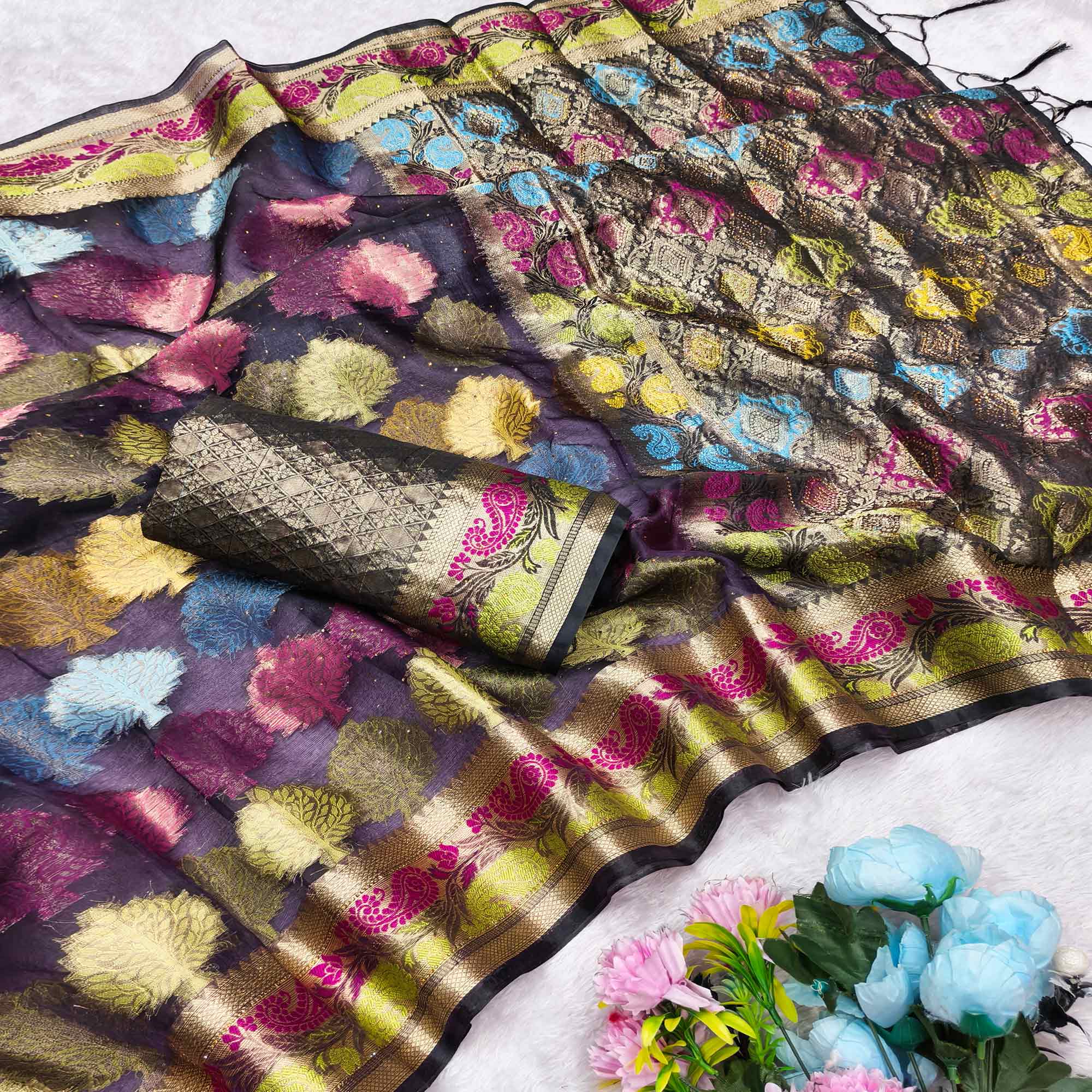 Graceful Purple Banarasi Silk Saree Enhanced With Tree Motif Zari Weaving & Stone Work