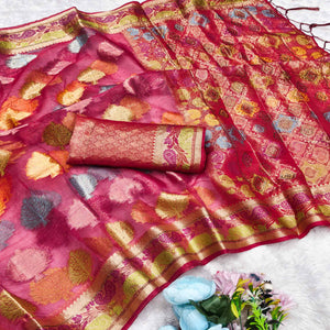Graceful Rani Pink Banarasi Silk Saree Enhanced With Tree Motif Zari Weaving & Stone Work
