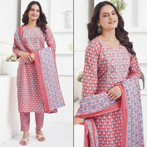 Peach Printed Pure Cotton Salwar Suit With Sequins Work