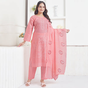 Peach Printed Pure Cotton Salwar Suit With Mirror Work