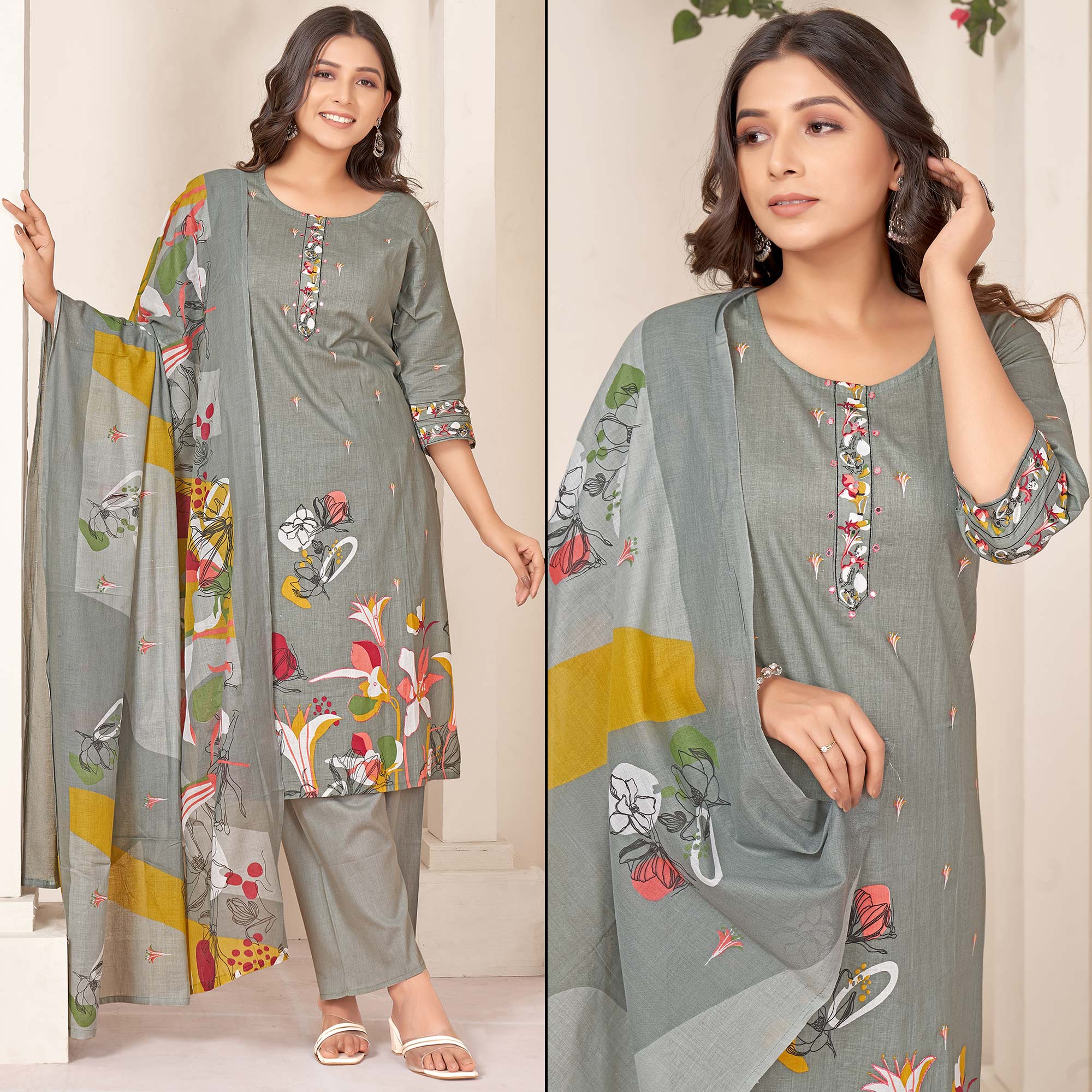 Grey Floral Printed Pure Cotton Straight Salwar Suit