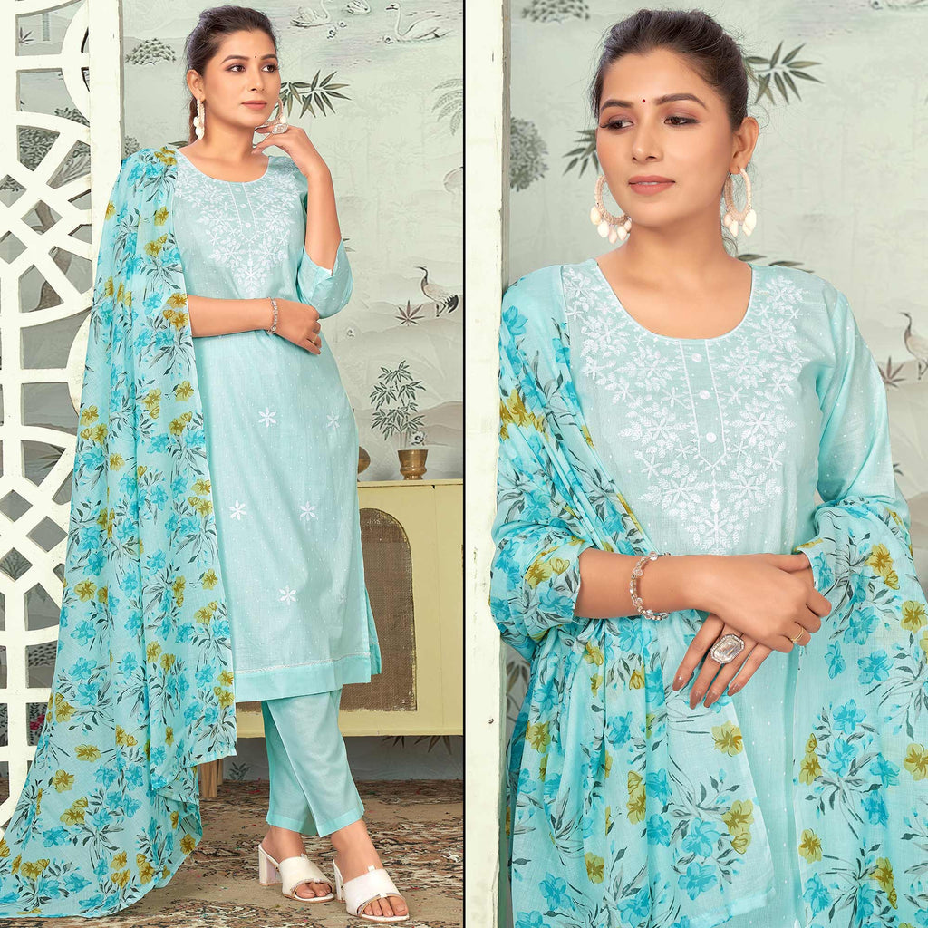 Elegant Blue Cotton Designer Party Wear Readymade Salwar Suit With Blue Cotton