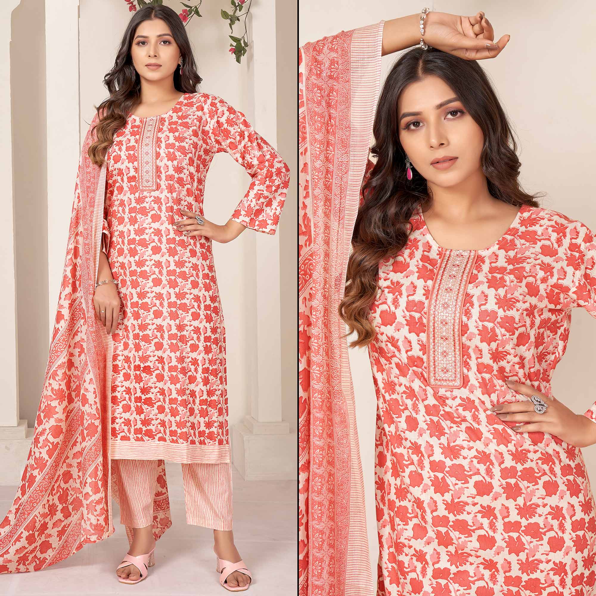 Peach Floral Printed Pure Cotton Salwar Suit