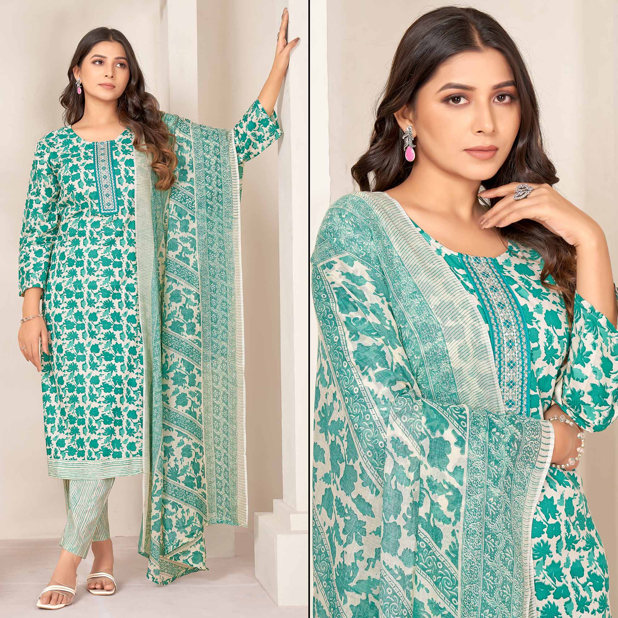 Rama Green Floral Printed Pure Cotton Salwar Suit