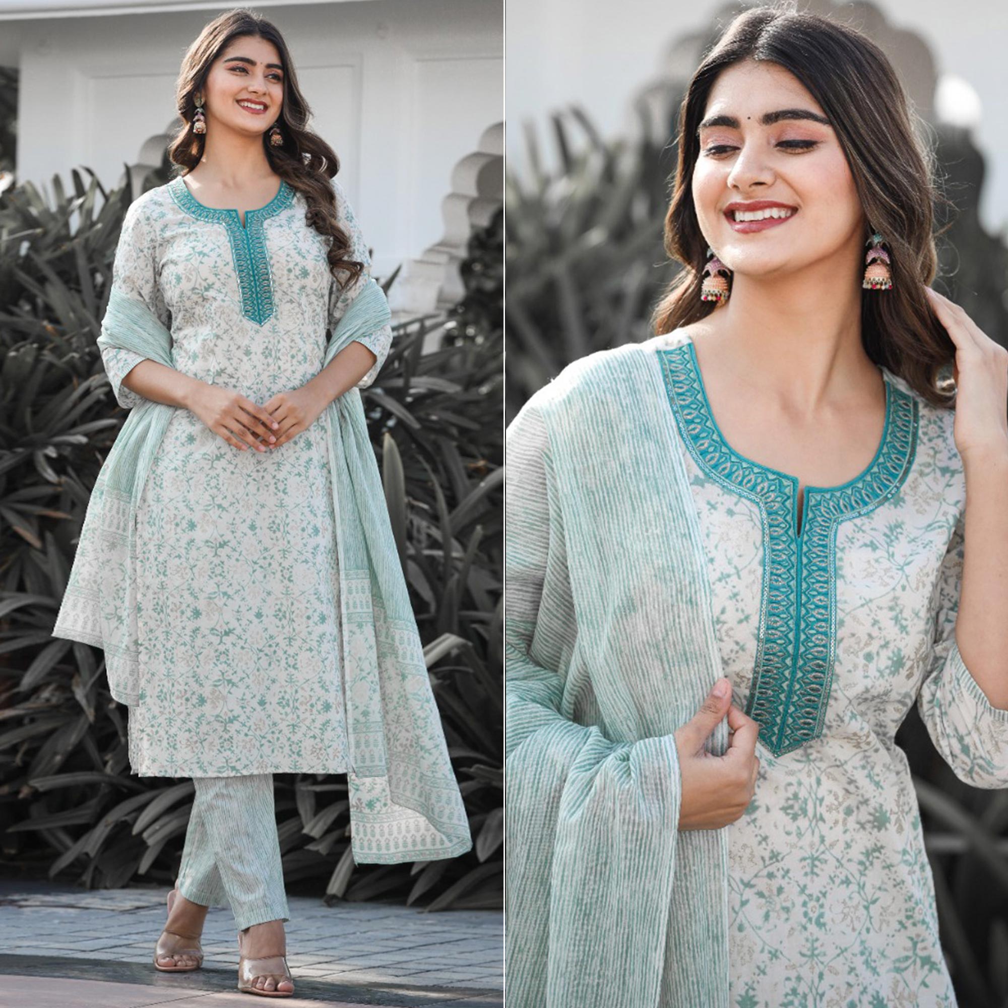 White And Green Jaipuri Printed Pure Cotton Suit