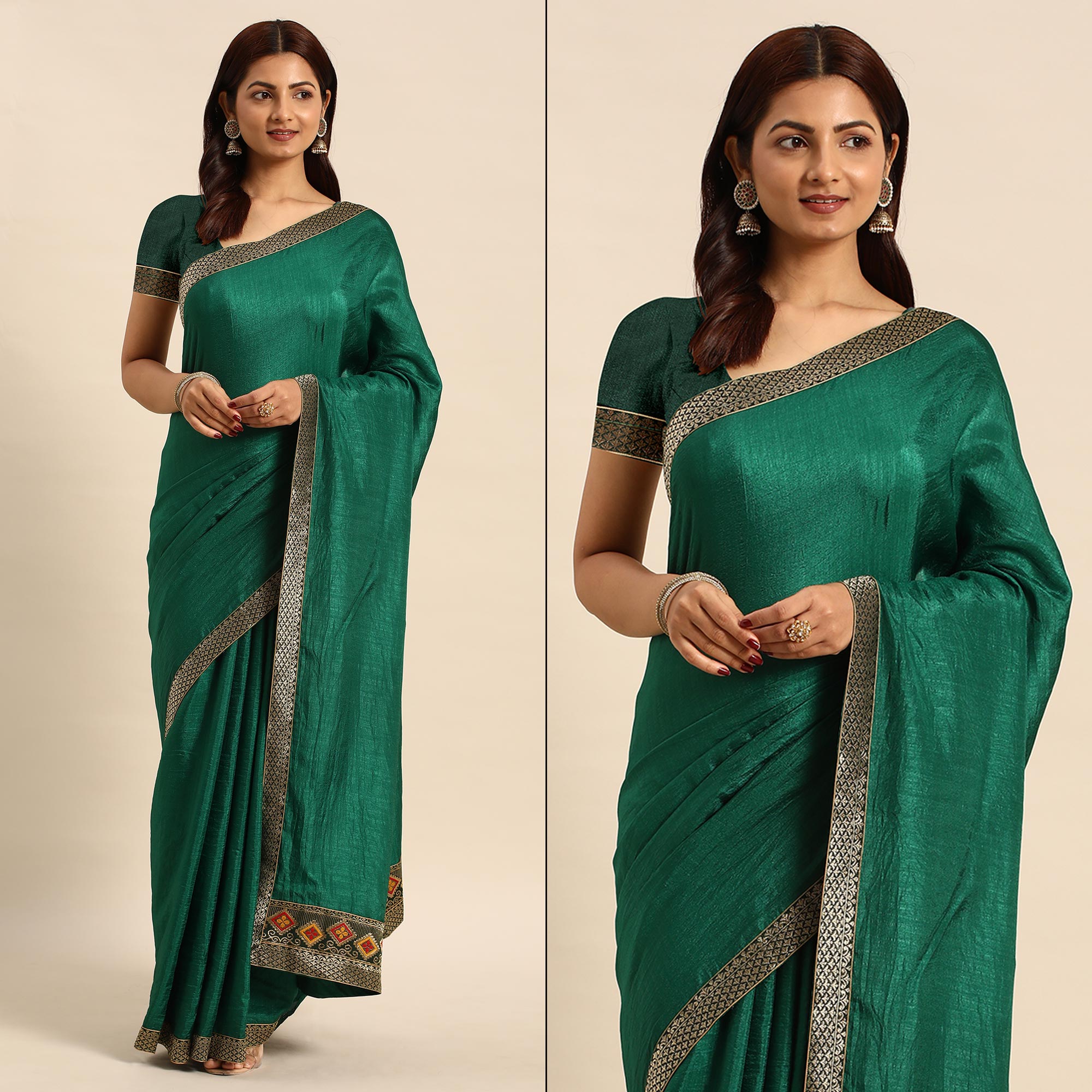 Green Solid Vichitra Silk Saree With Fancy Border