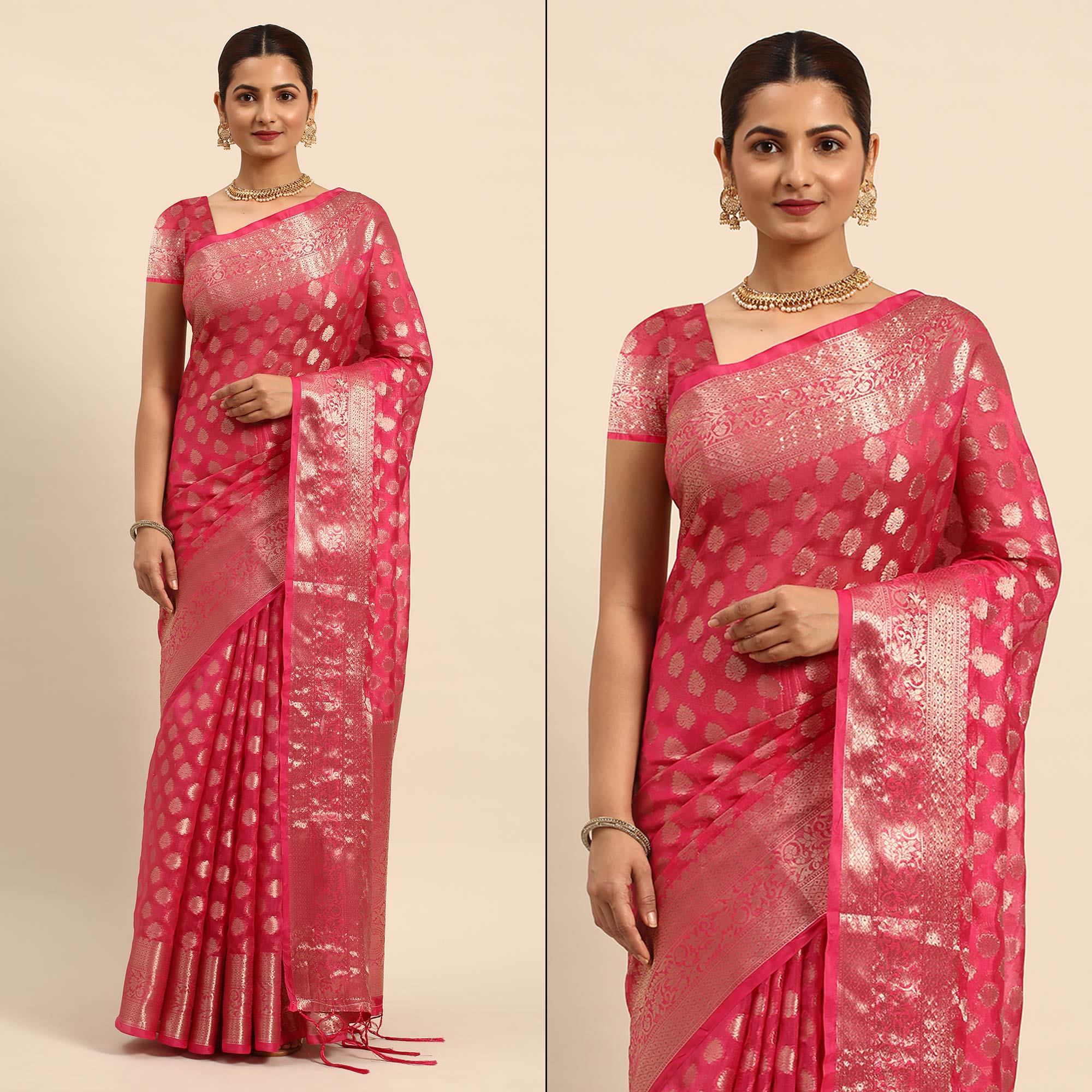 Rani Pink Woven Organza Silk Saree With Tassels
