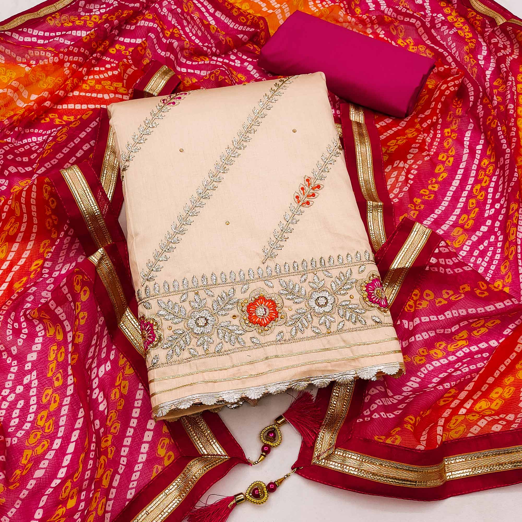 Beige Floral Embroidered Pure Cotton Dress Material