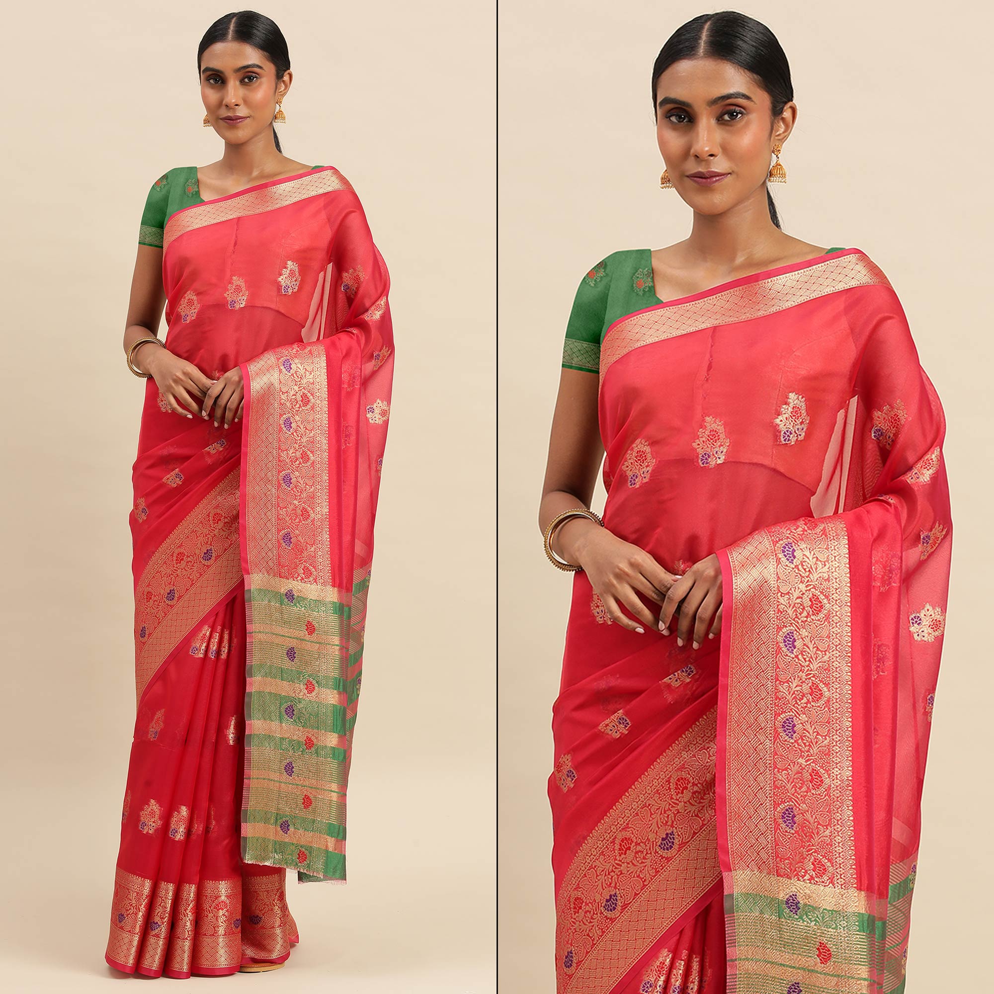 Rani Pink Woven Organza Saree
