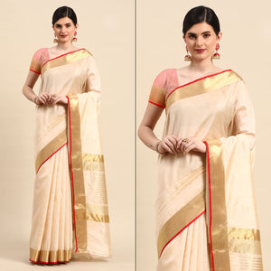 Beige Woven Zari Cotton Silk Saree