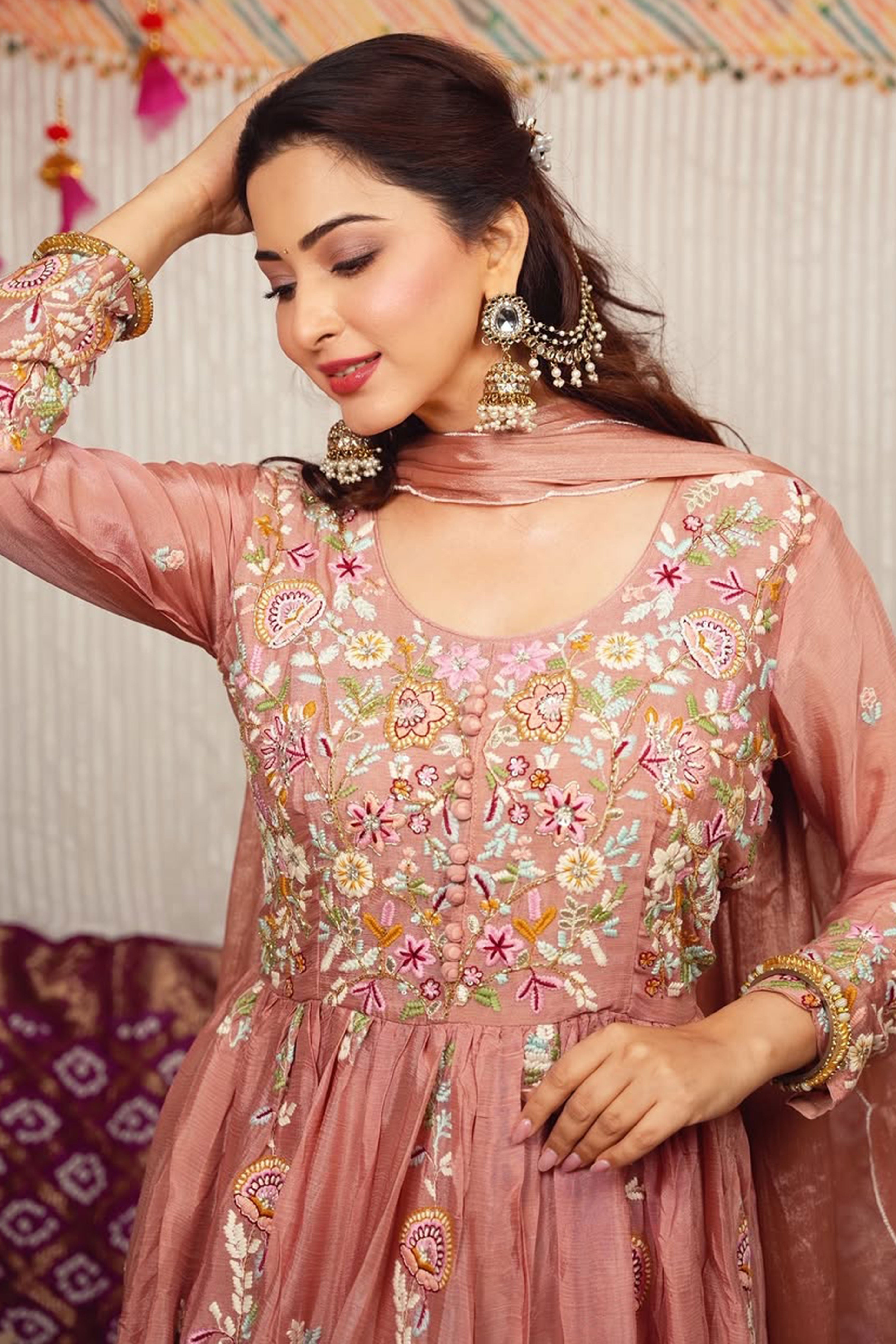 Luxurious Light Pink Viscose Chinon Anarkali Kurti with Detailed Embroidery for Festive Wear