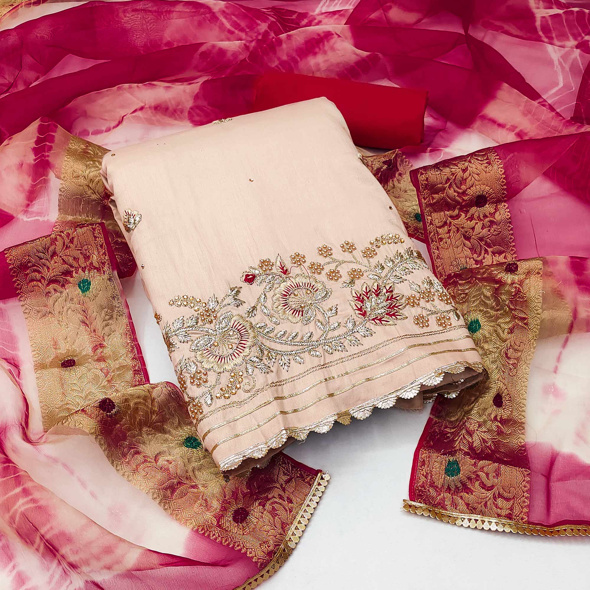 Beige Floral Embroidered Pure Cotton Dress Material