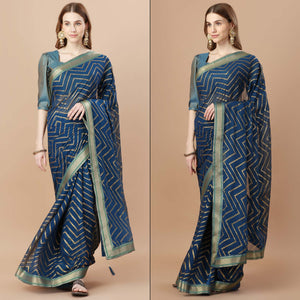 Blue Foil Printed Chiffon Saree With Lace Border