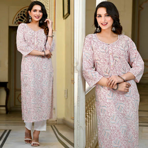 Pink & White Floral Printed Pure Cotton Kurti