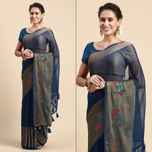Blue Embroidered With Swarovski Work Viscose Saree