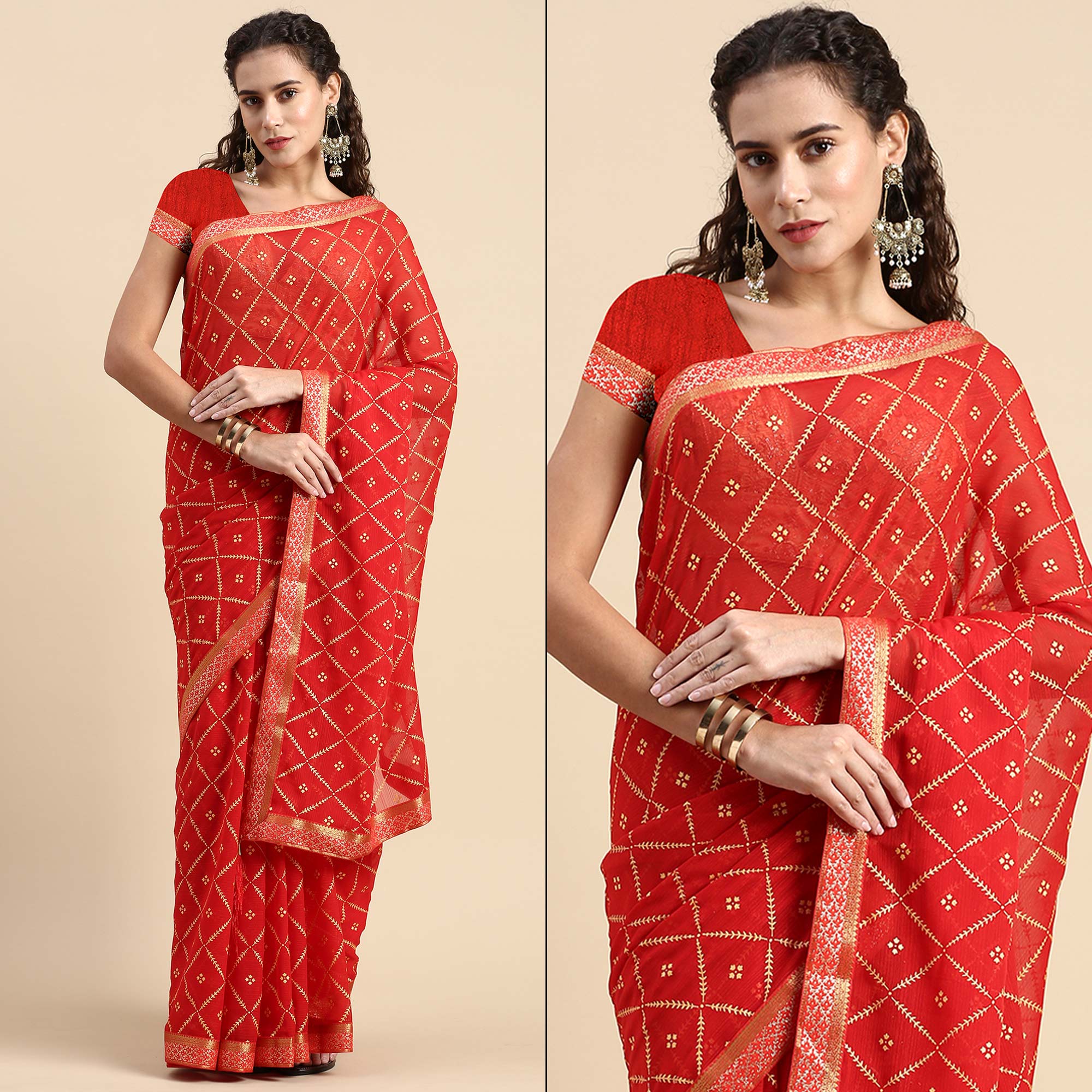 Red Floral Foil Printed Zomato Saree
