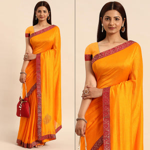 Yellow Swaroski Work Vichitra Silk Saree