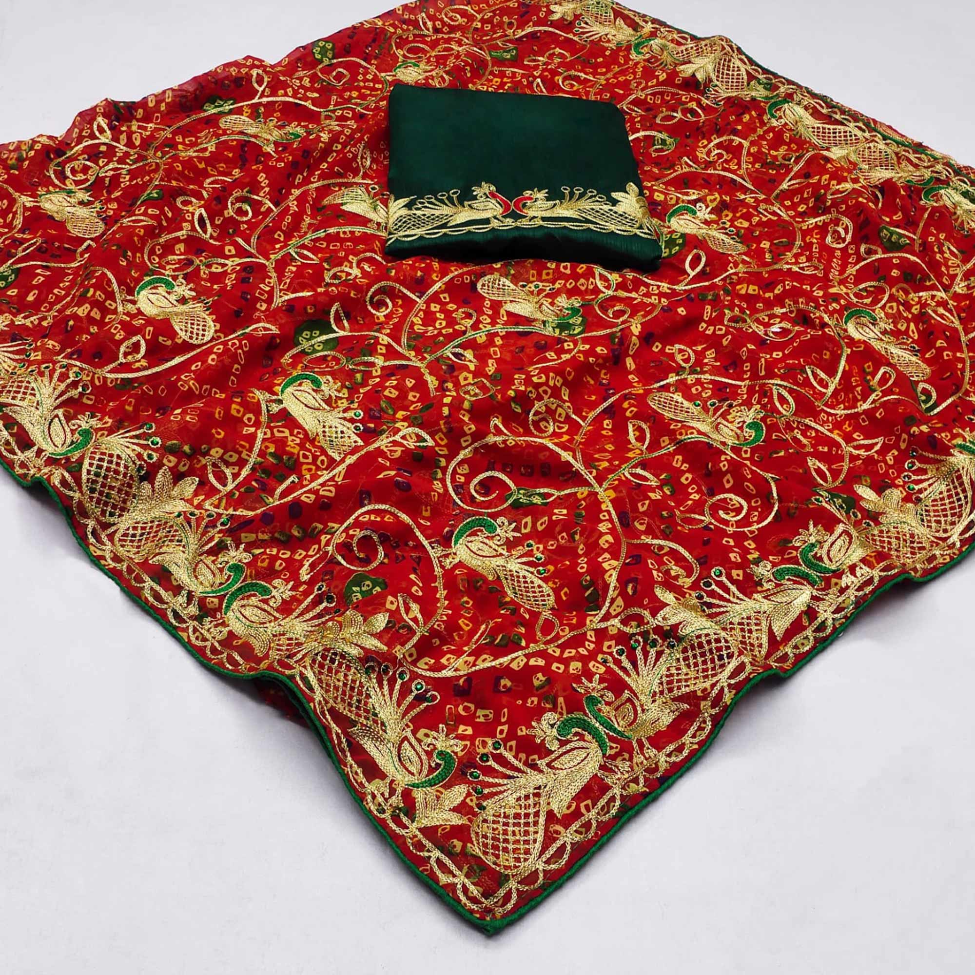 Red Bandhani Printed With Embroidered Georgette Saree