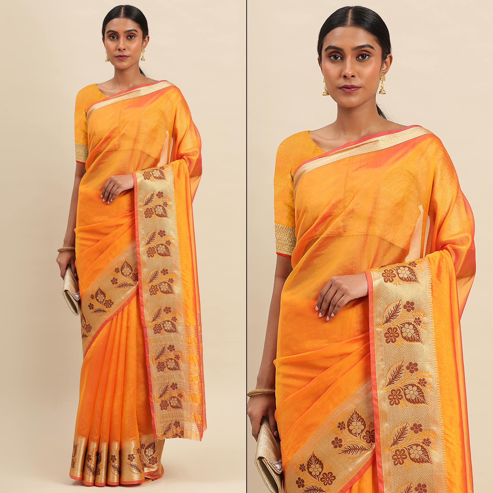 Orange Woven Cotton Silk Saree