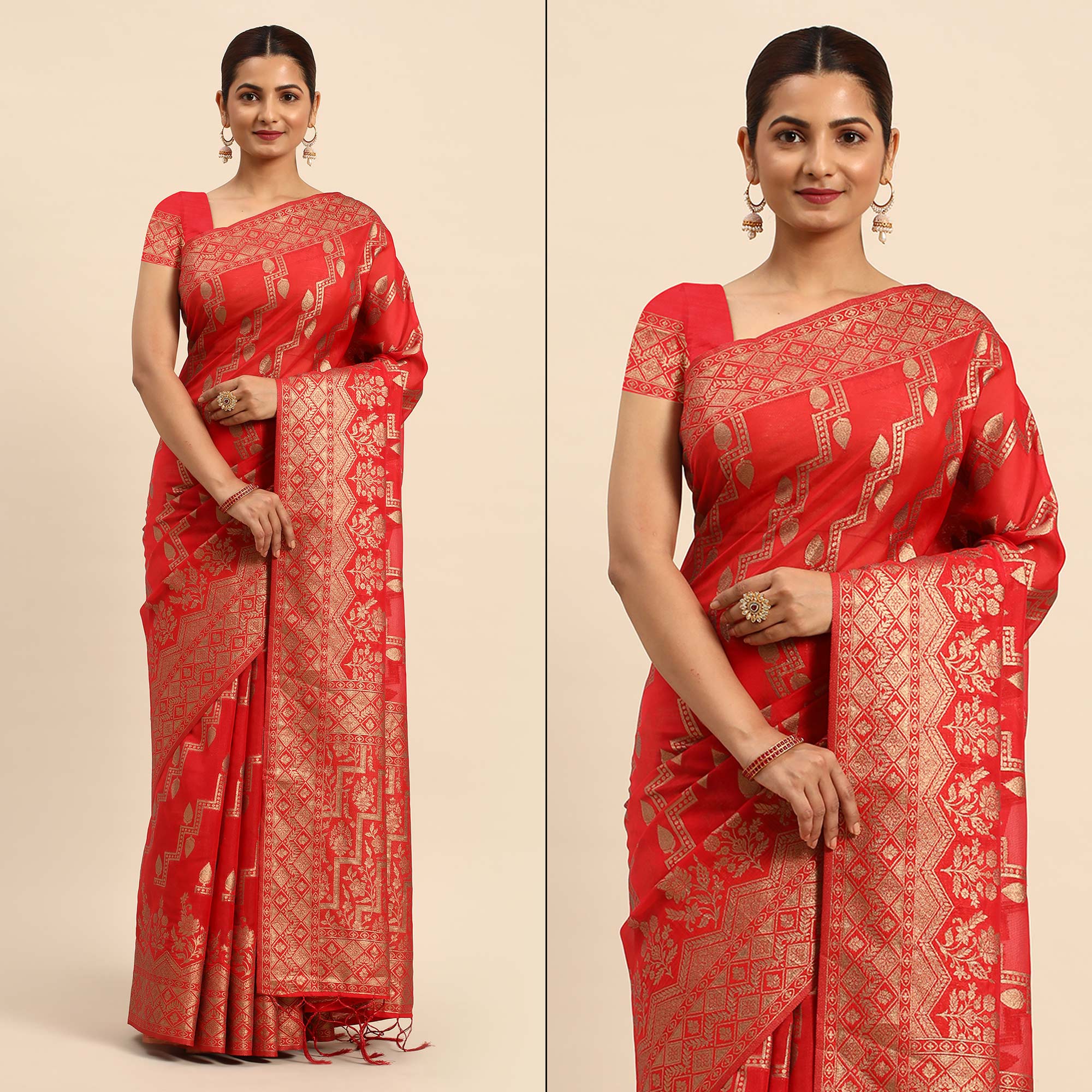 Red Floral Woven Organza Silk Saree With Tassels
