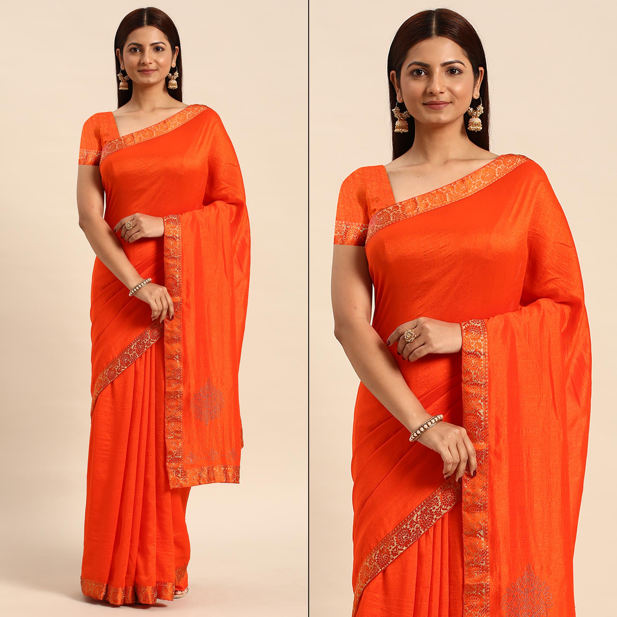 Orange Swaroski Work Vichitra Silk Saree