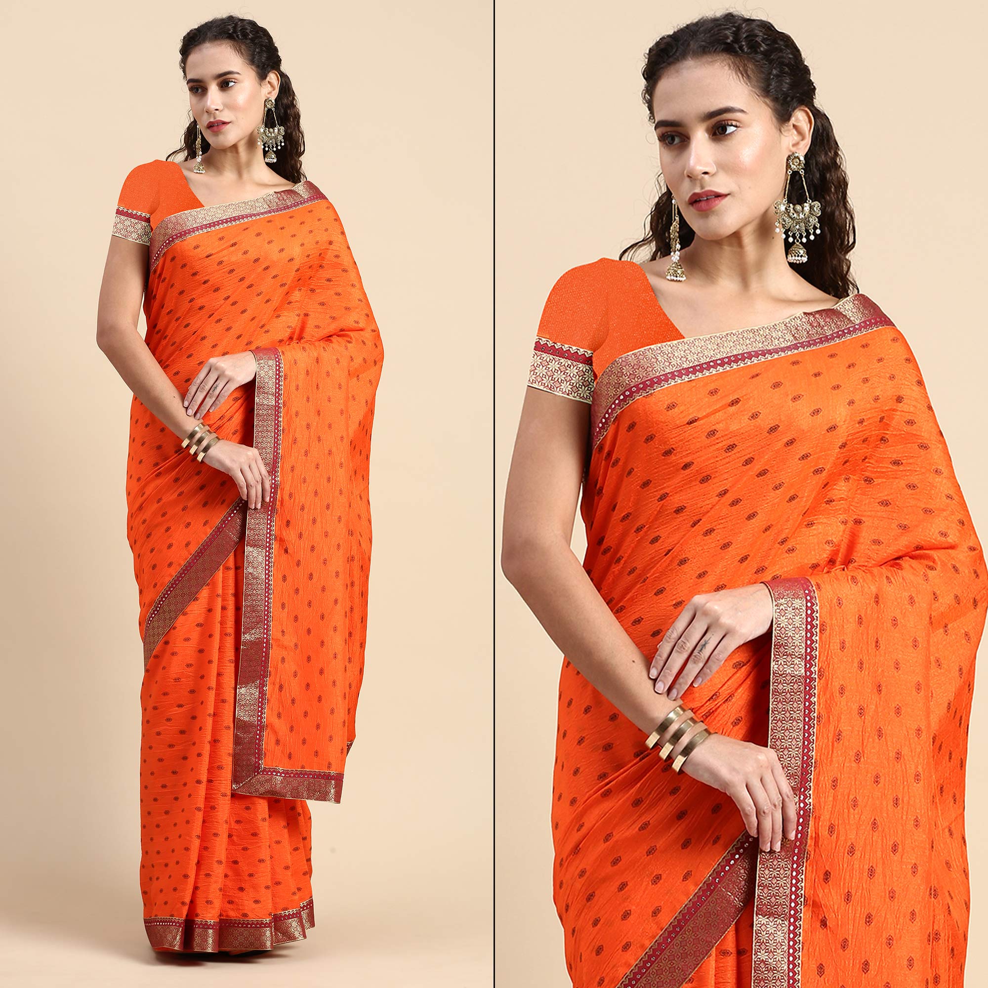 Orange Printed Vichitra Silk Saree