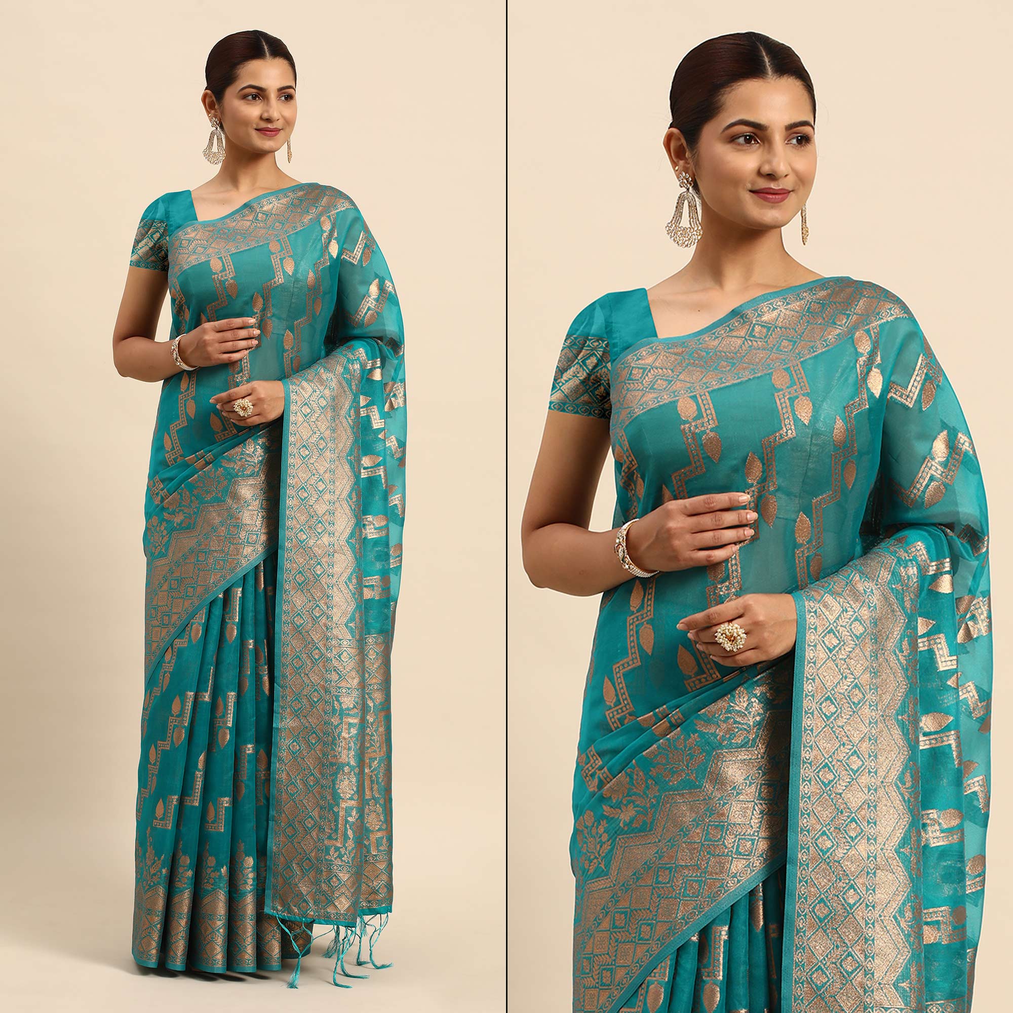 Turquoise Floral Woven Organza Silk Saree With Tassels