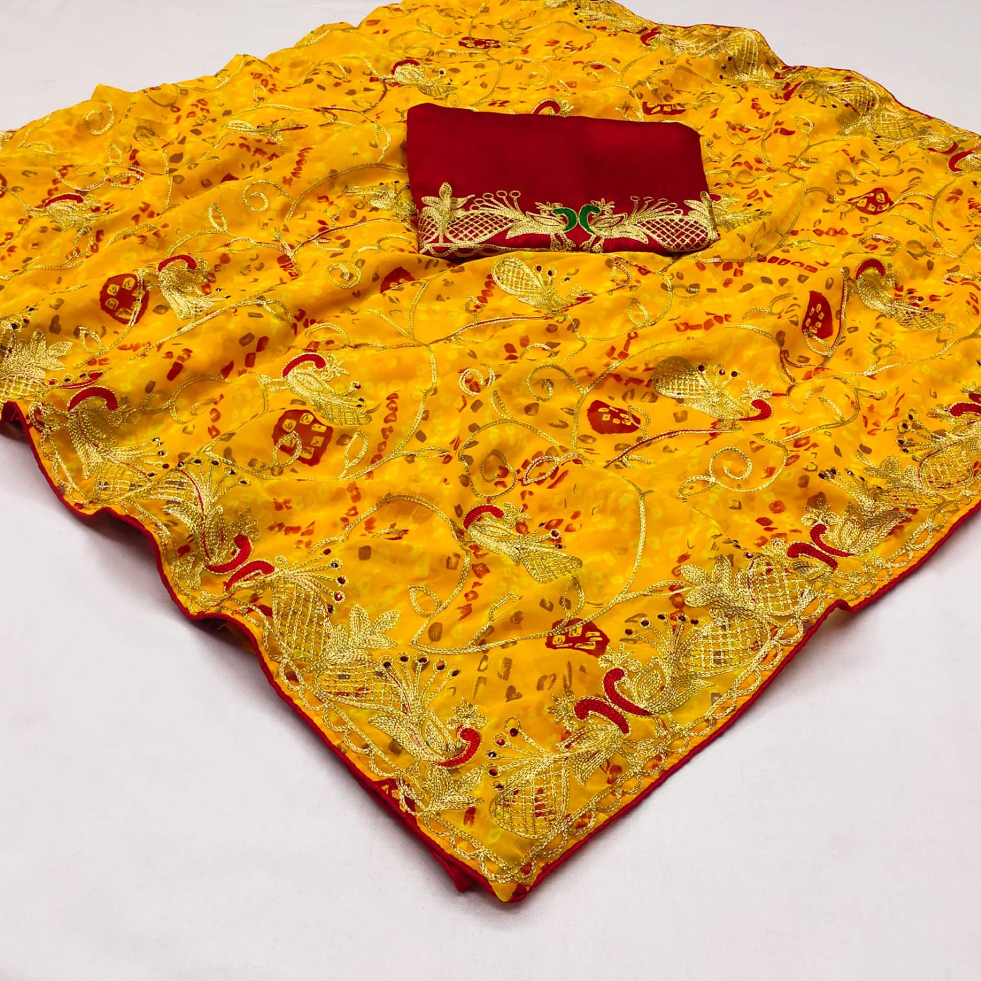 Yellow Bandhani Printed With Embroidered Georgette Saree