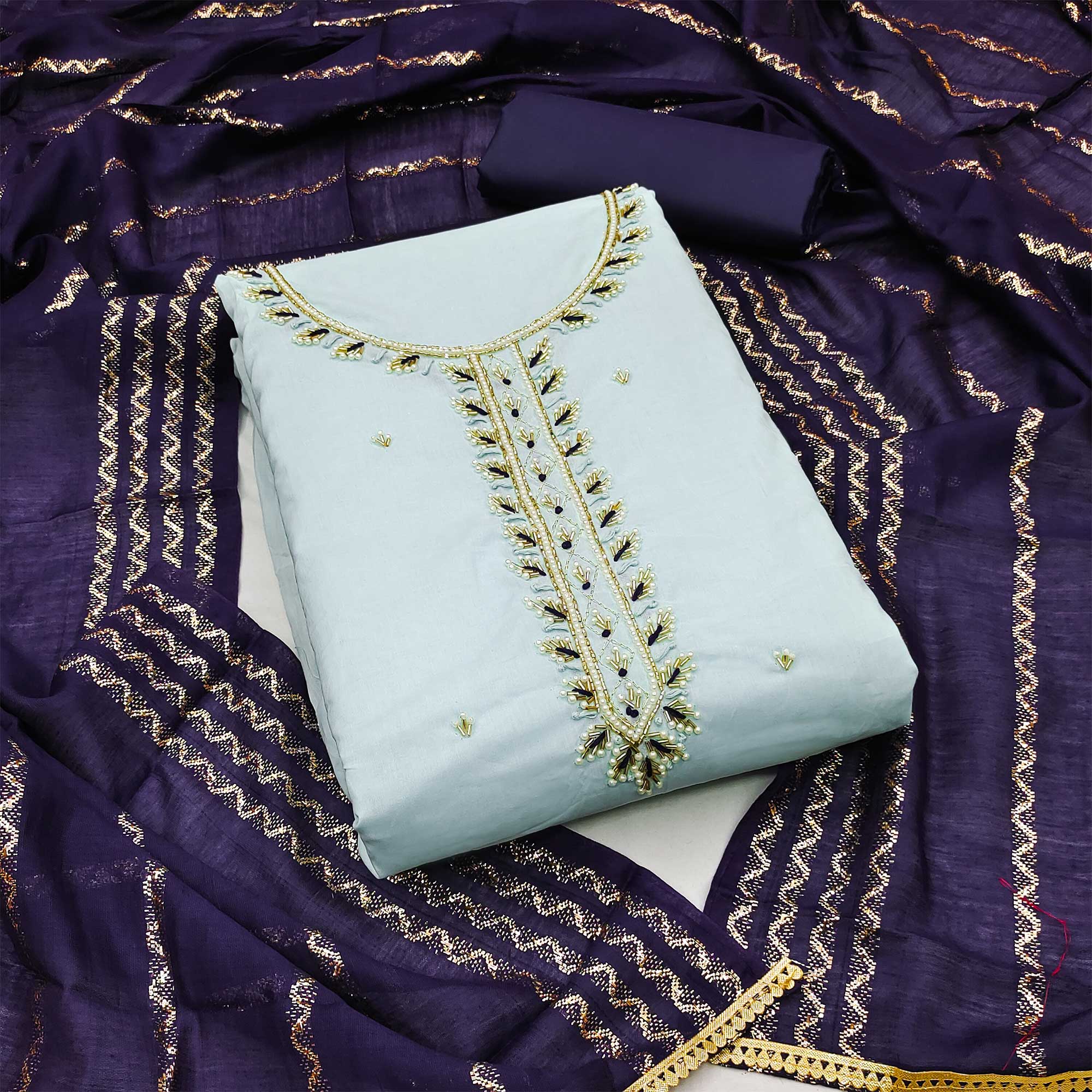 Blue Zardosi Moti Work Pure Cotton Dress Material