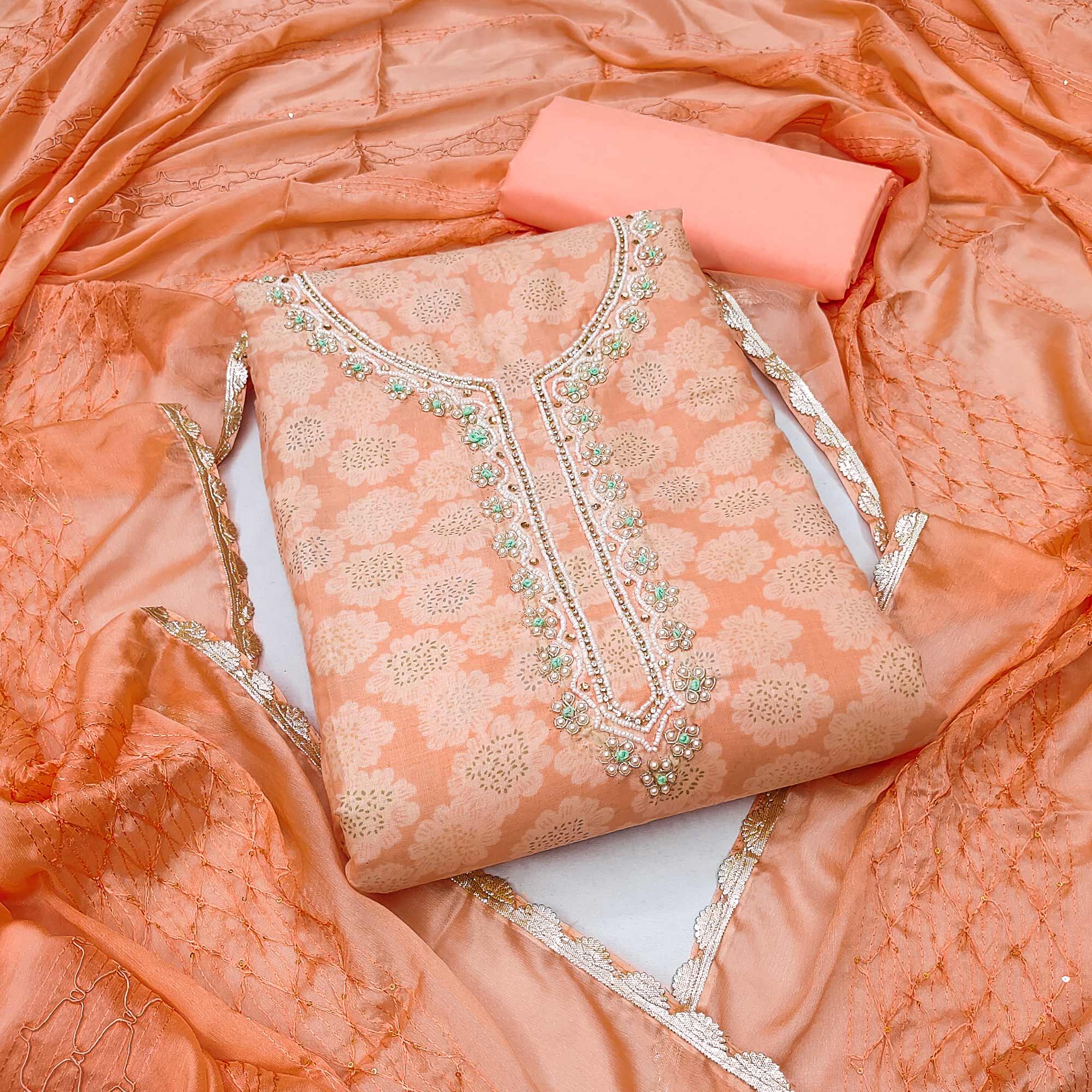 Peach Printed With Motiwork Pure Cotton Dress Material