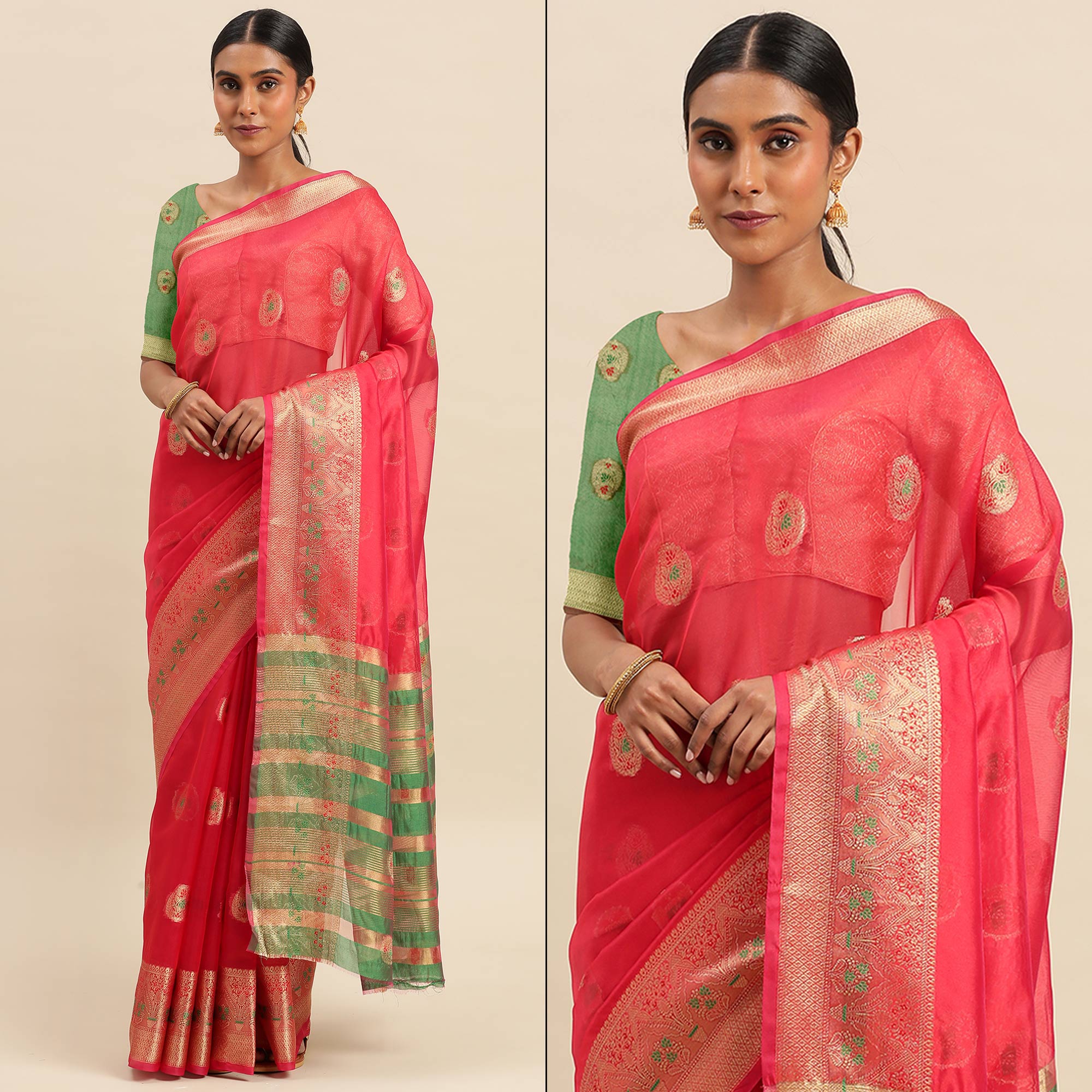 Rani Pink Woven Organza Saree