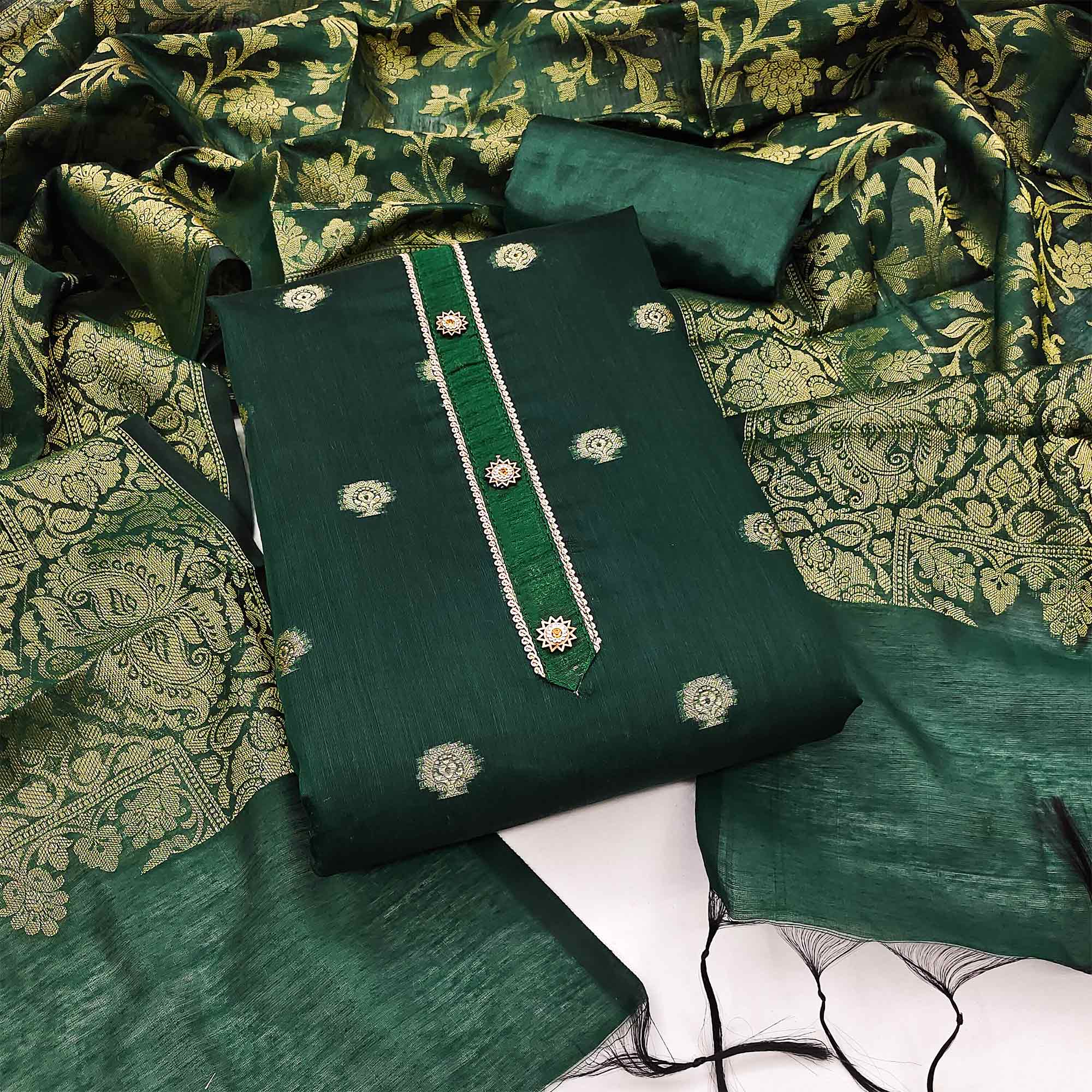 Green Floral Woven Banarasi Silk Dress Material