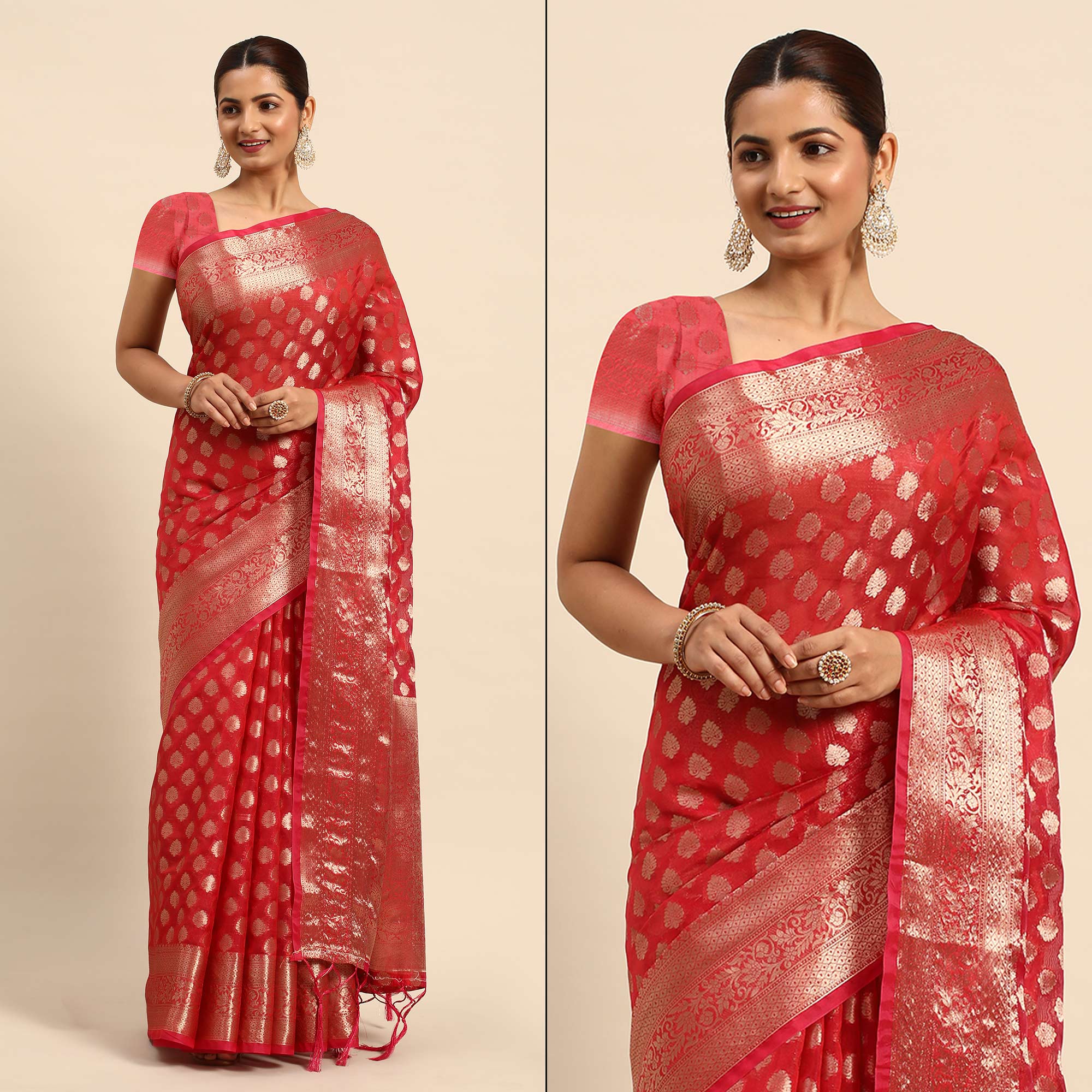 Red Woven Organza Silk Saree With Tassels