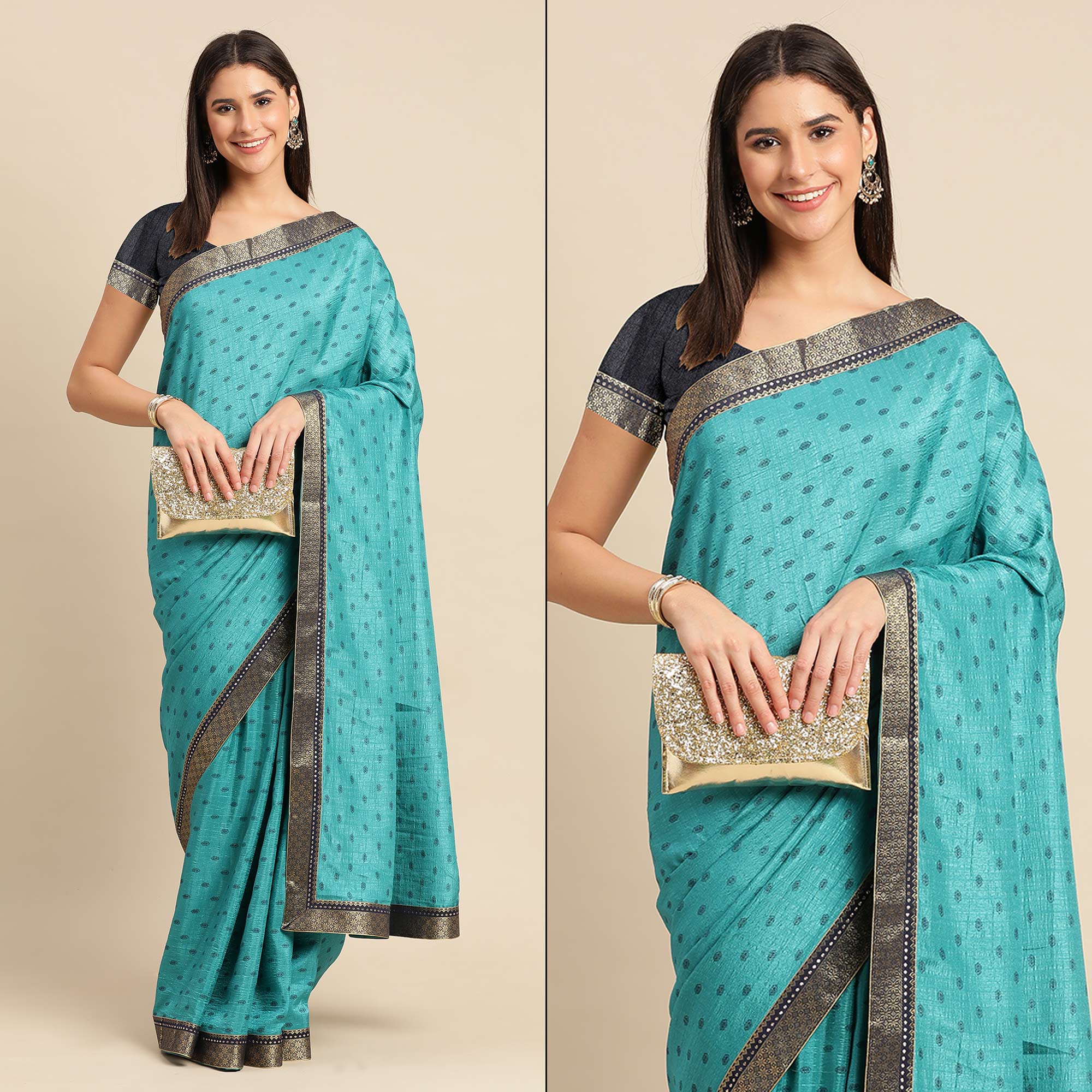 Rama Blue Printed Vichitra Silk Saree