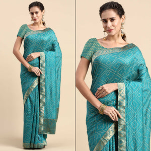 Blue Foil Printed With Swarovski Vichitra Silk Saree