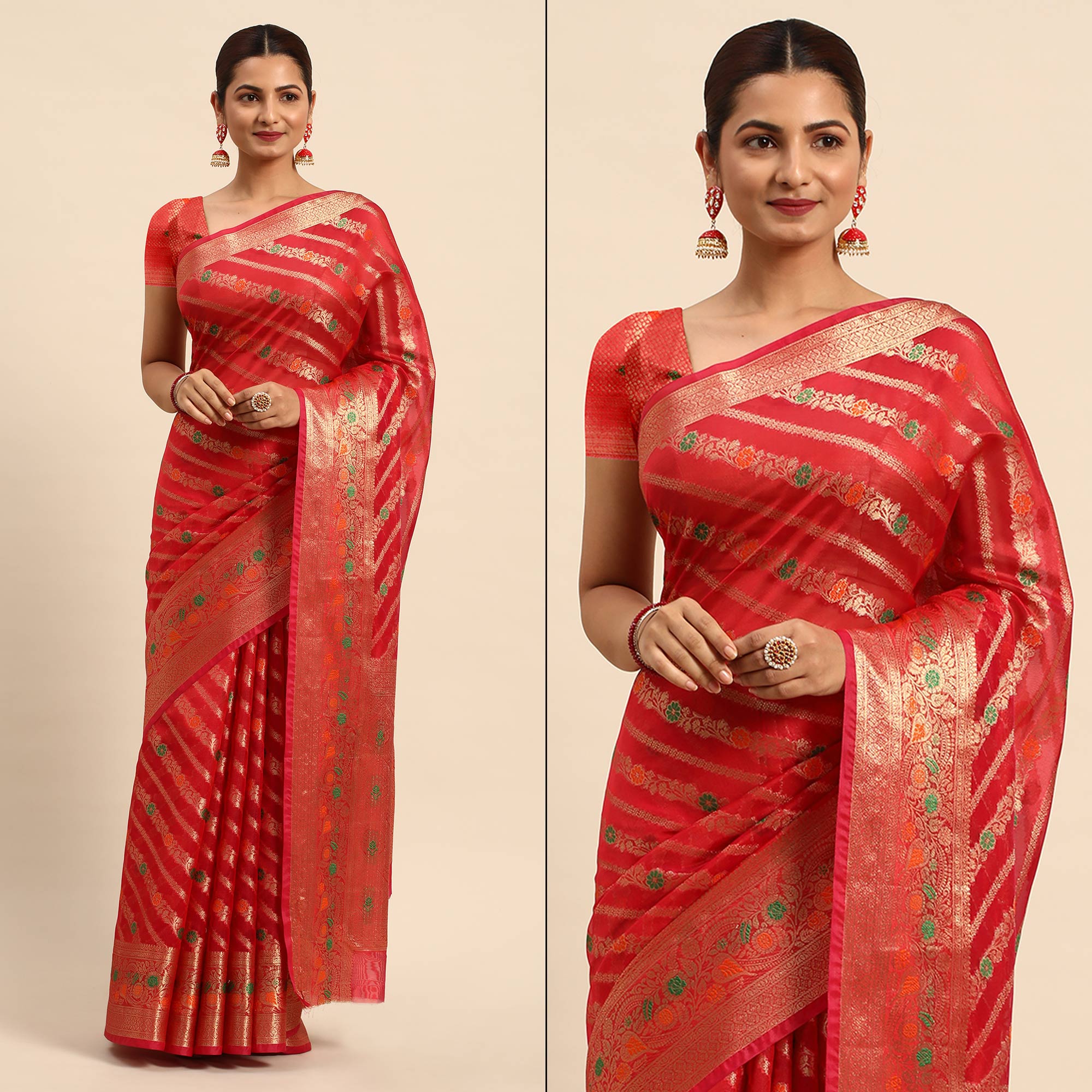 Pink Floral Woven Organza Silk Saree