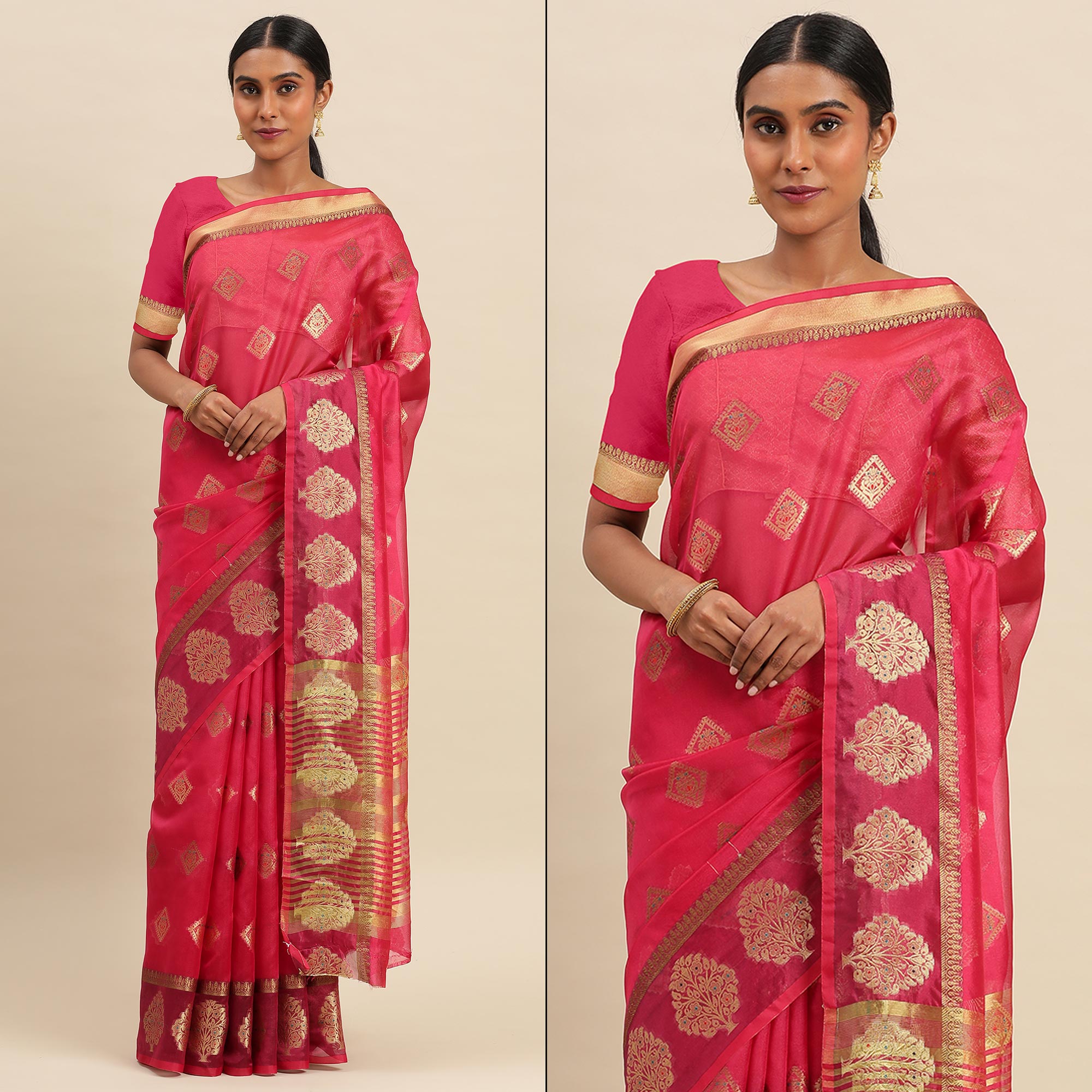 Rani Pink Woven Organza Saree