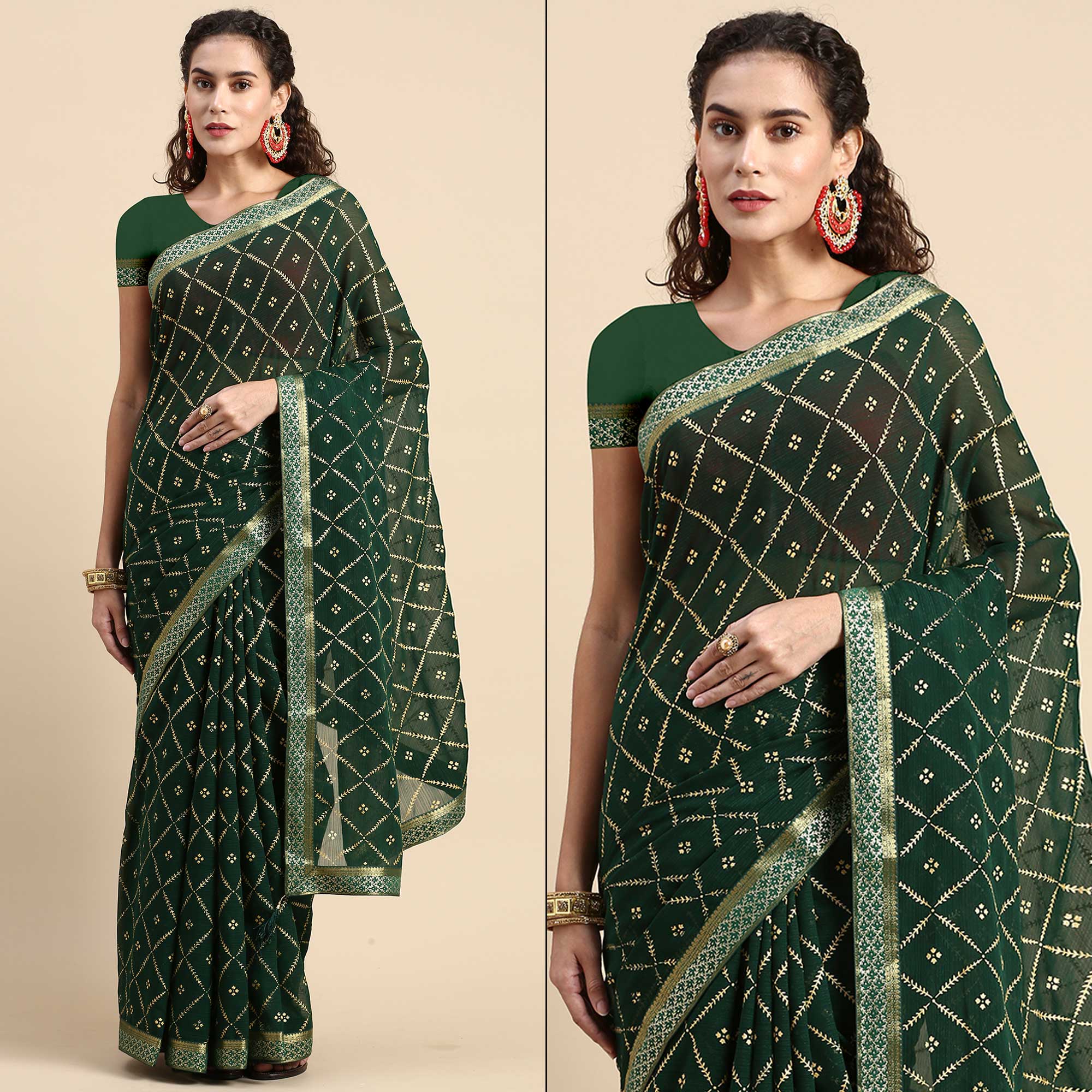 Green Floral Foil Printed Zomato Saree