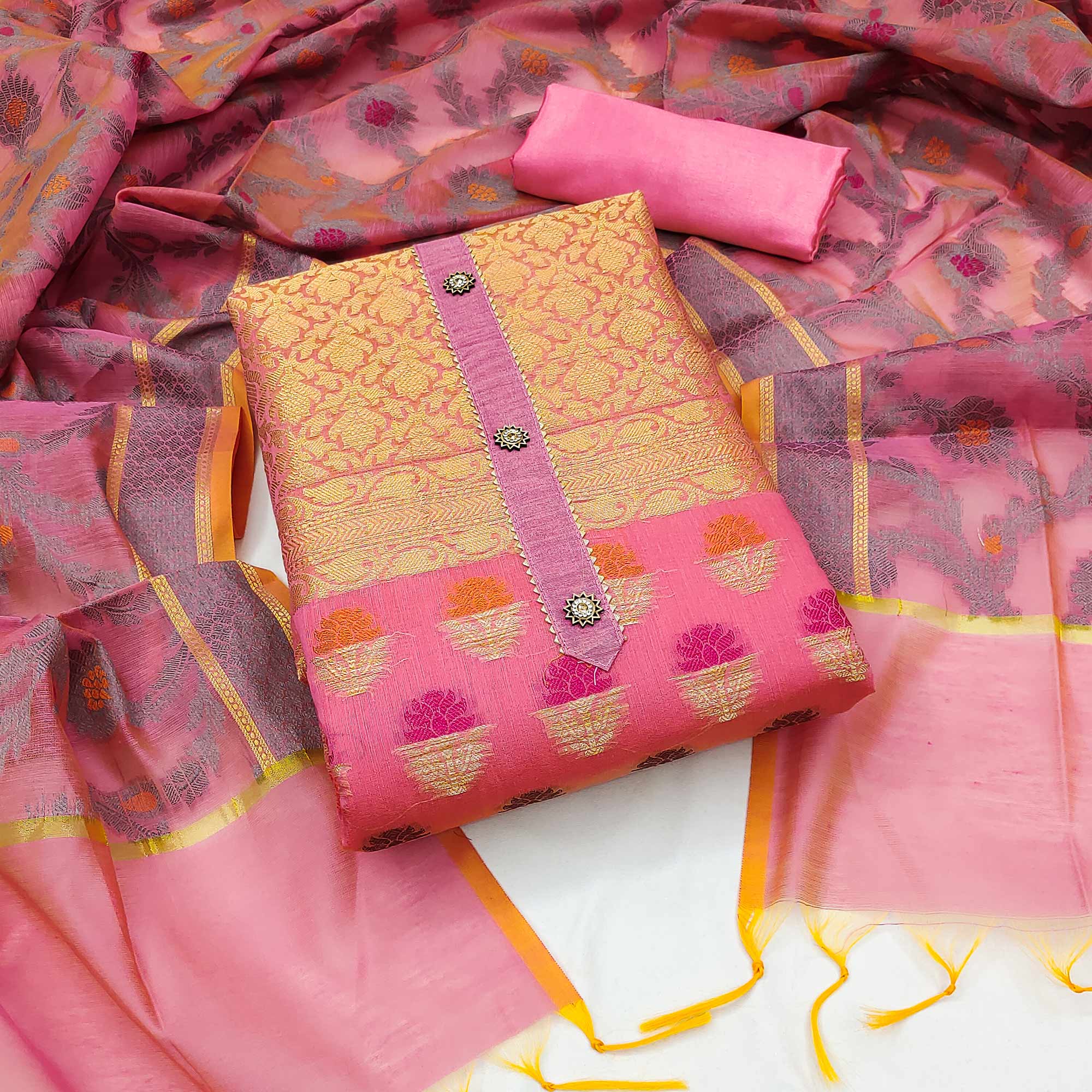 Pink Floral Woven Banarasi Silk Dress Material
