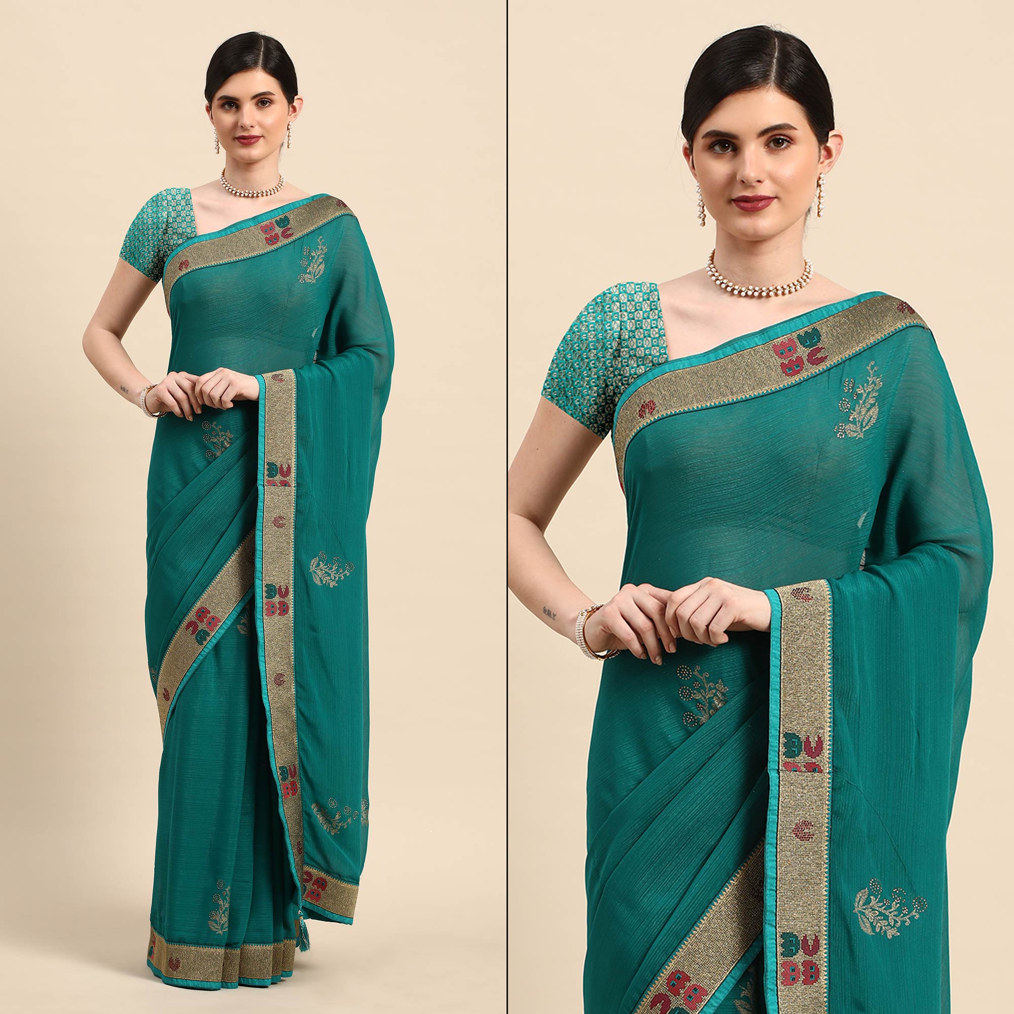 Turquoise Green Foil Printed With Swarovski Zomato Silk Saree