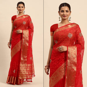 Red Floral Embroidered Organza Saree