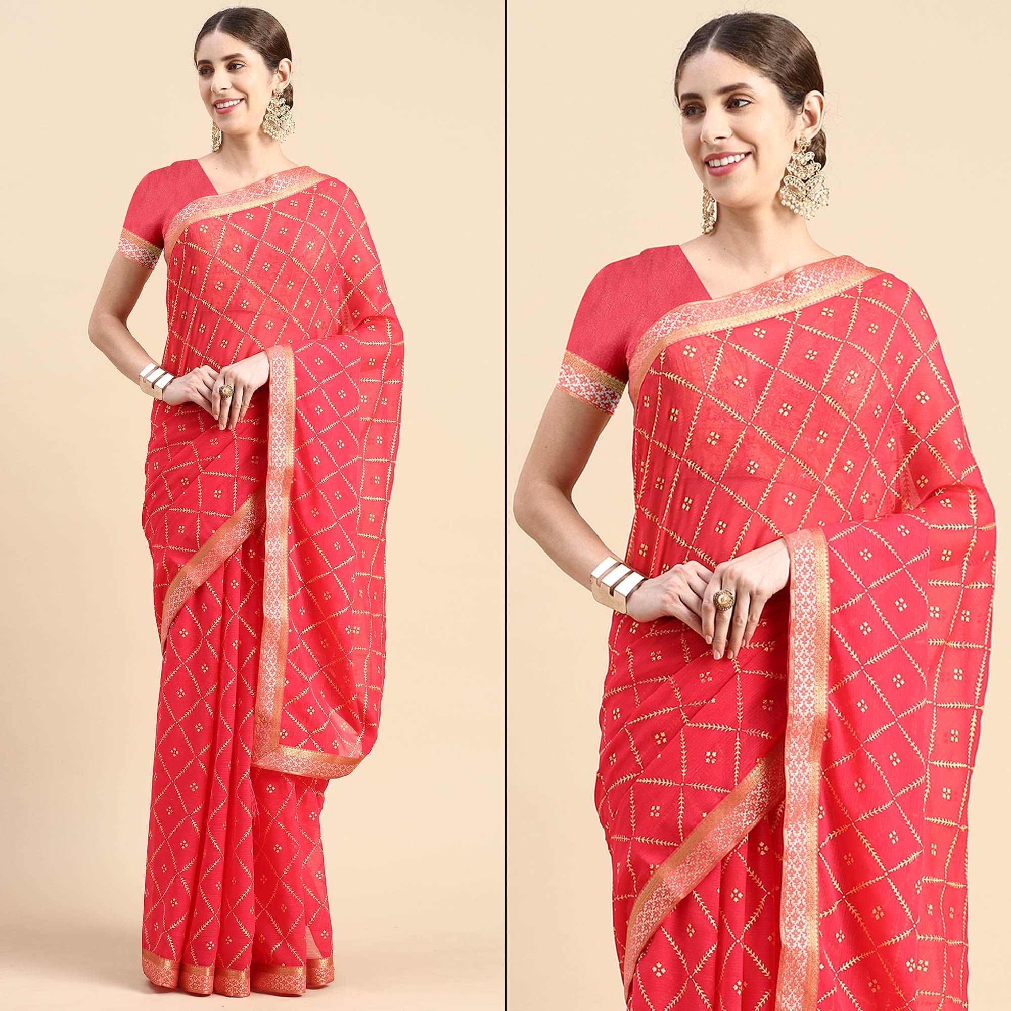 Pink Floral Foil Printed Zomato Saree